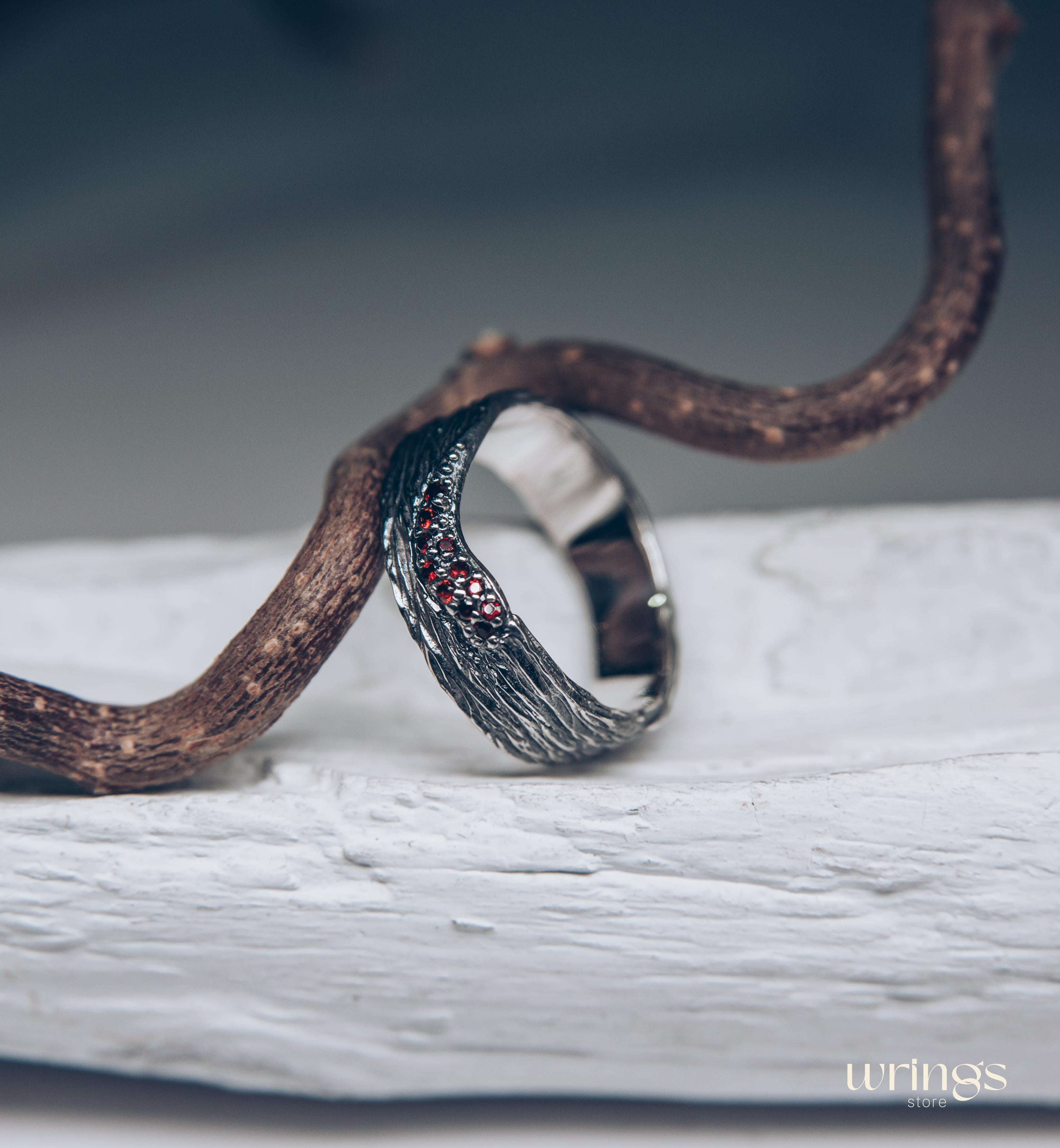 Silver Tree bark Curved Wide Wedding Band with Garnets