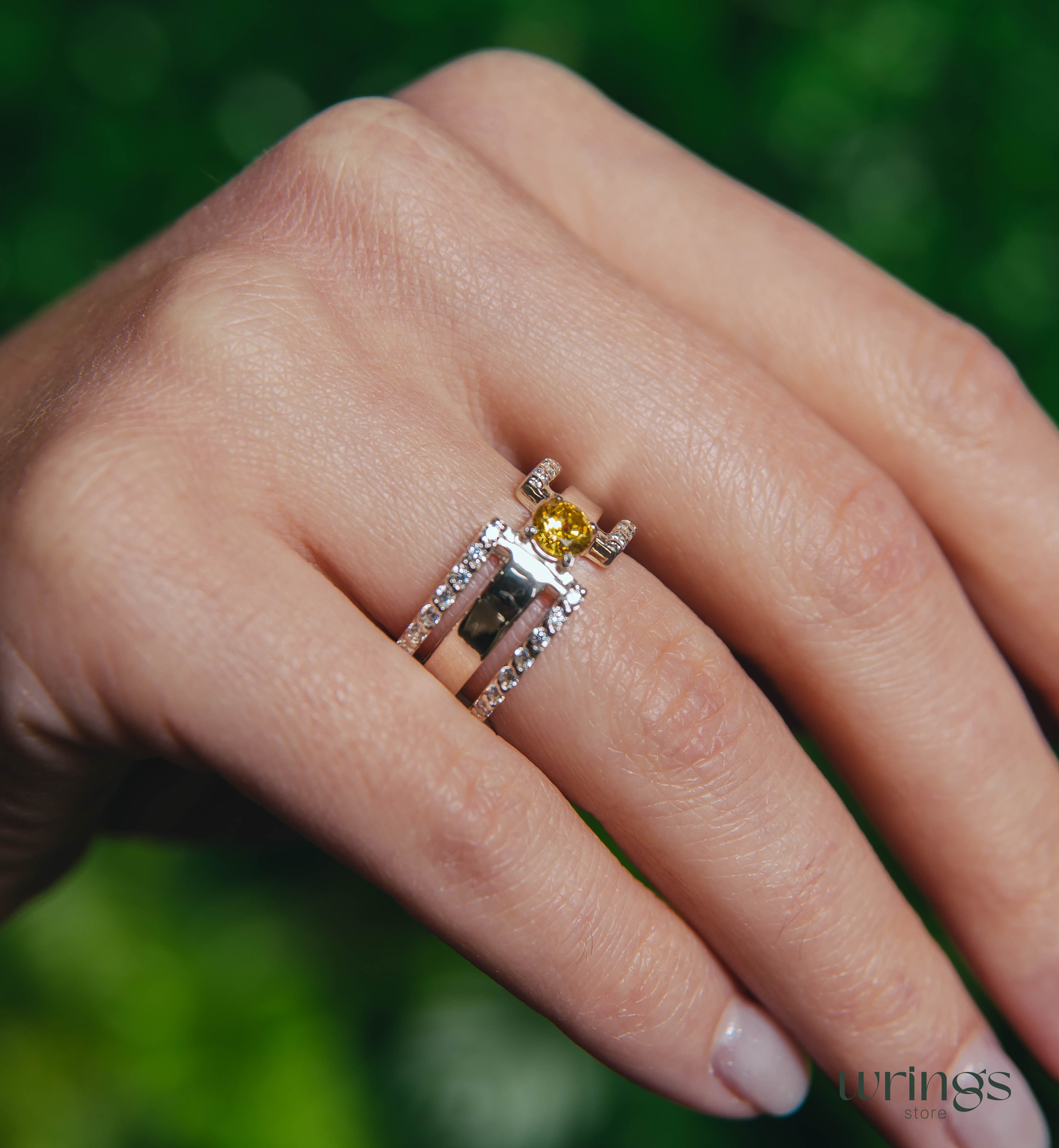 Citrine Engagement Ring Modernist Extra Wide Band Silver