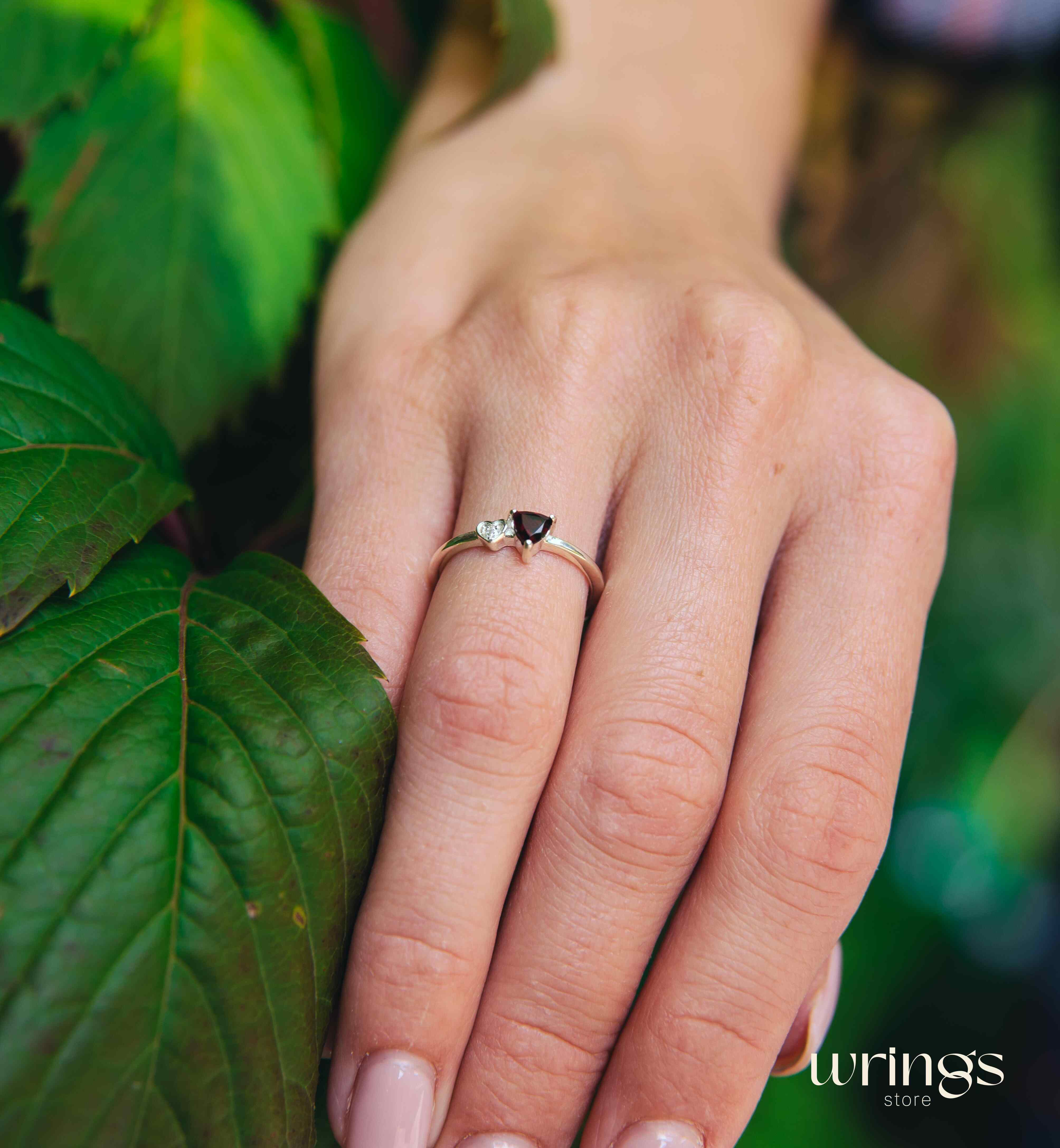 Small Trillion Garnet Ring & CZ Stone in Side Heart