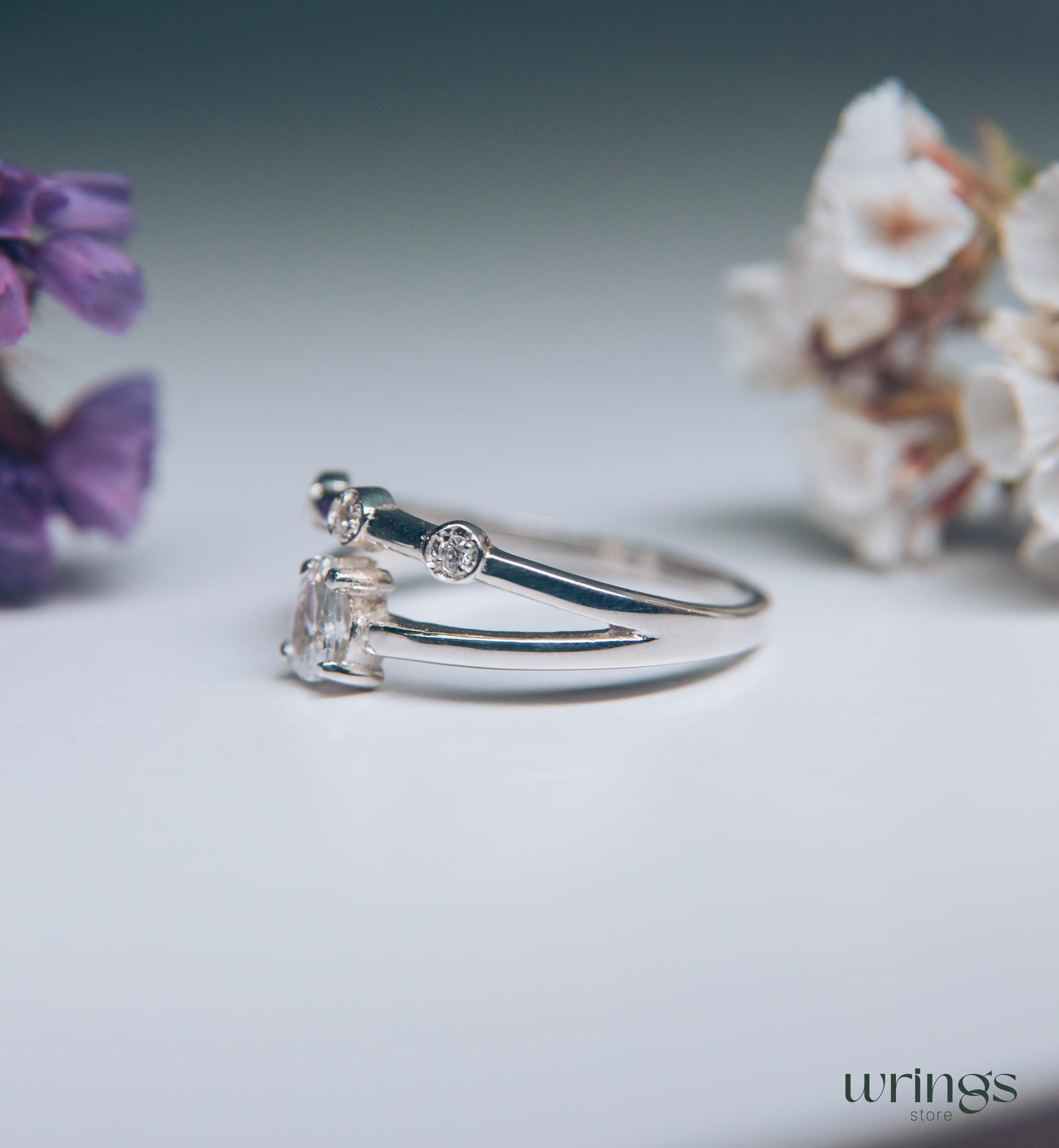 Pear Diamond CZ Double Engagement Ring Band Side Stones