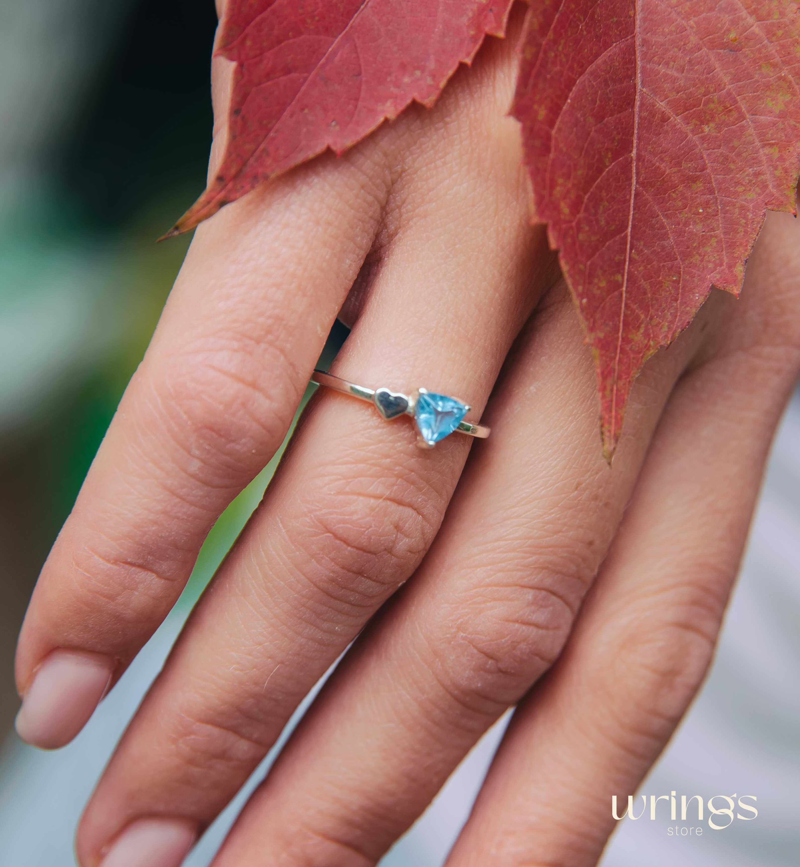 Trillion Swiss Blue Topaz Engagement Ring with Side Heart