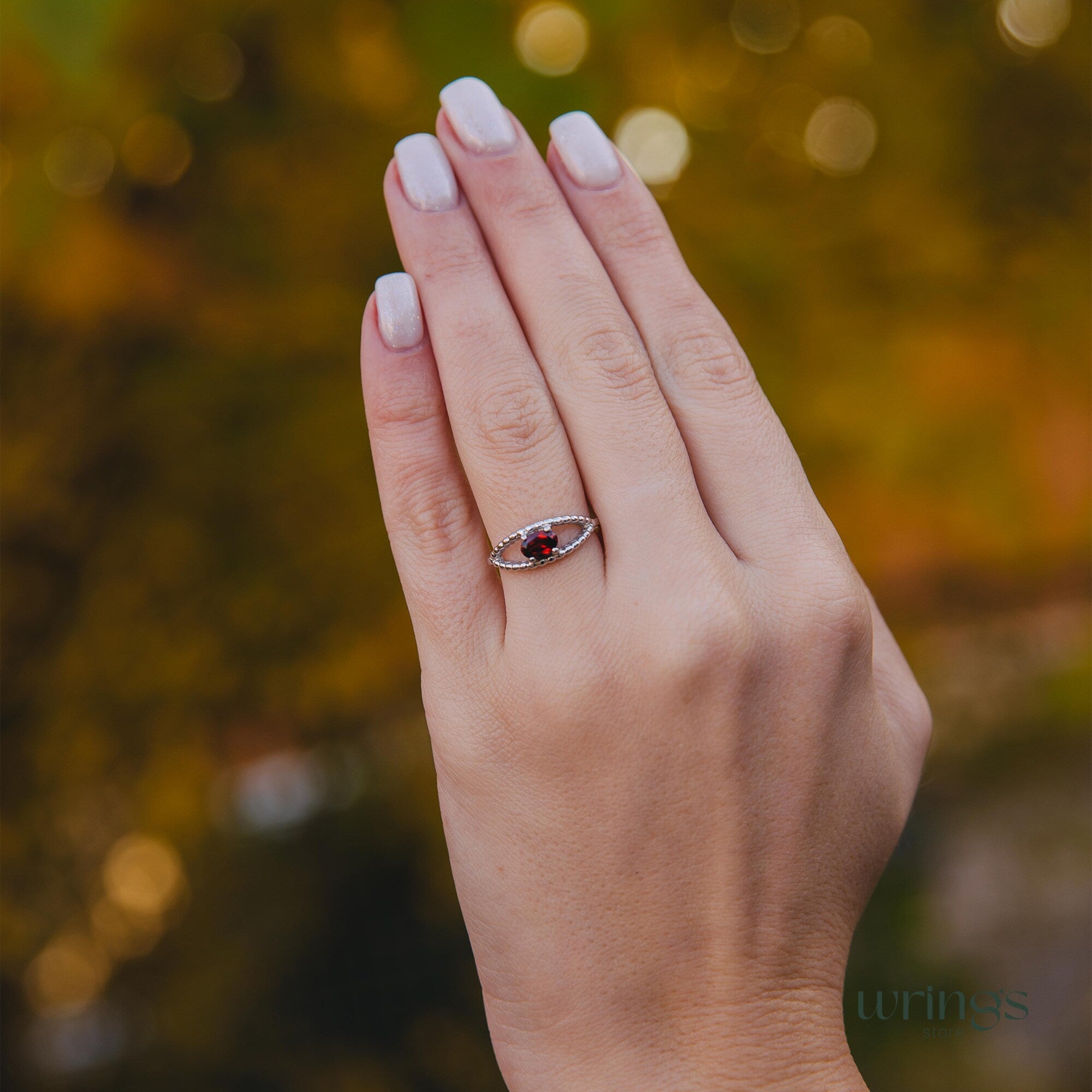 Garnet Gem Silver Beaded Evil Eye Engagement Ring