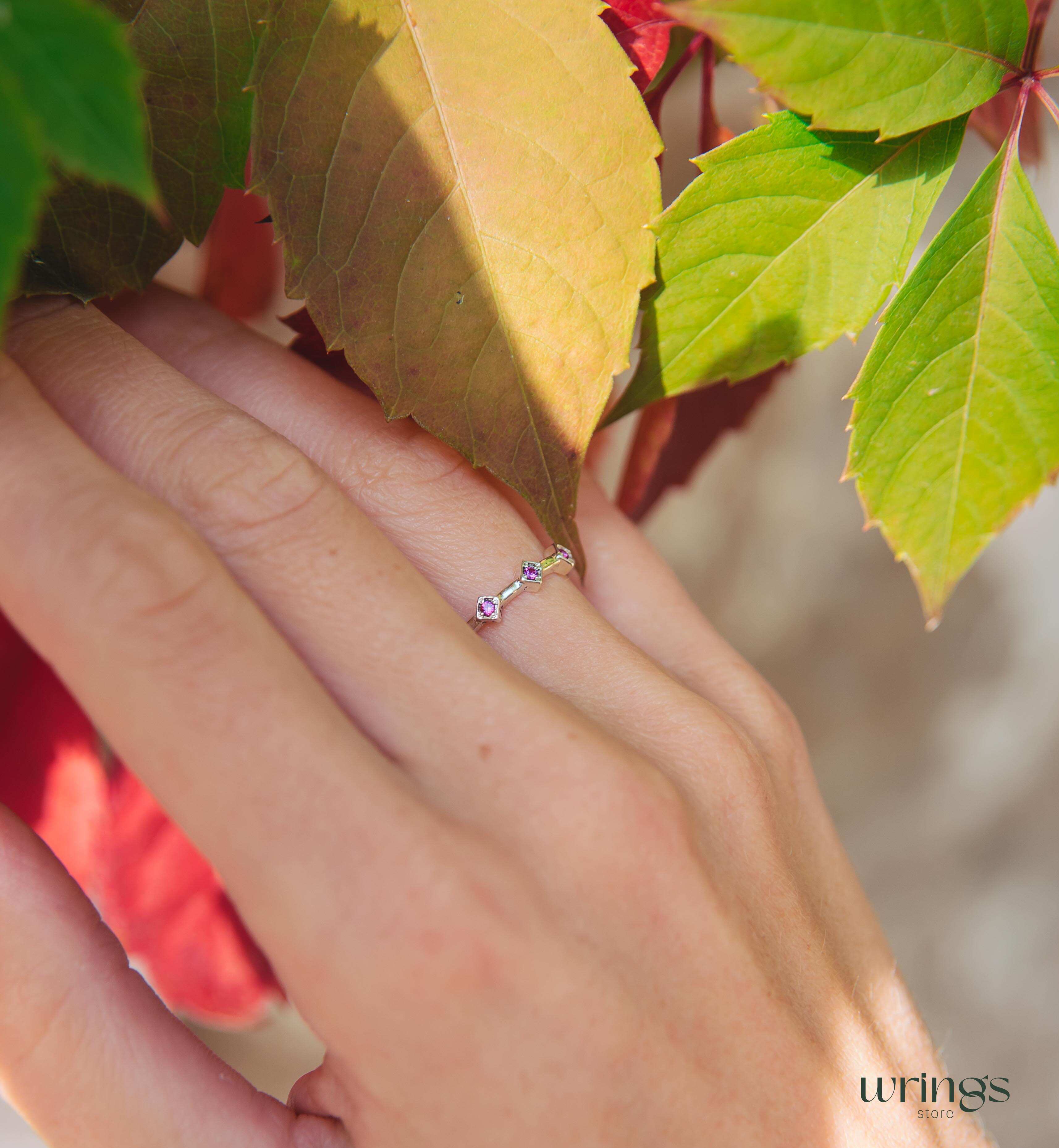 3 Rubies Minimalist Thin Silver Ring July Birth Stone