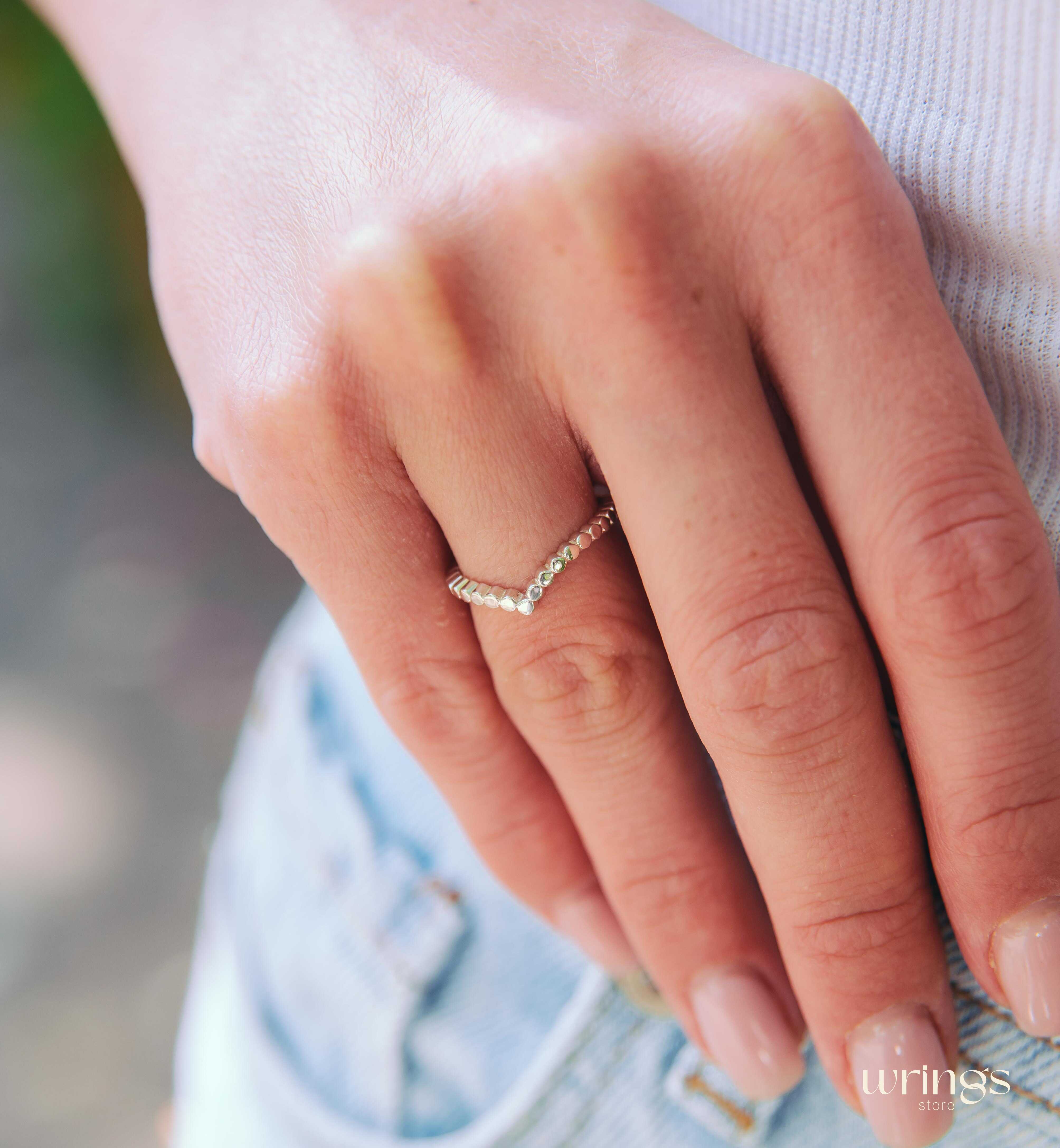 Women's Delicate Silver Chevron Ring Beaded Style Band