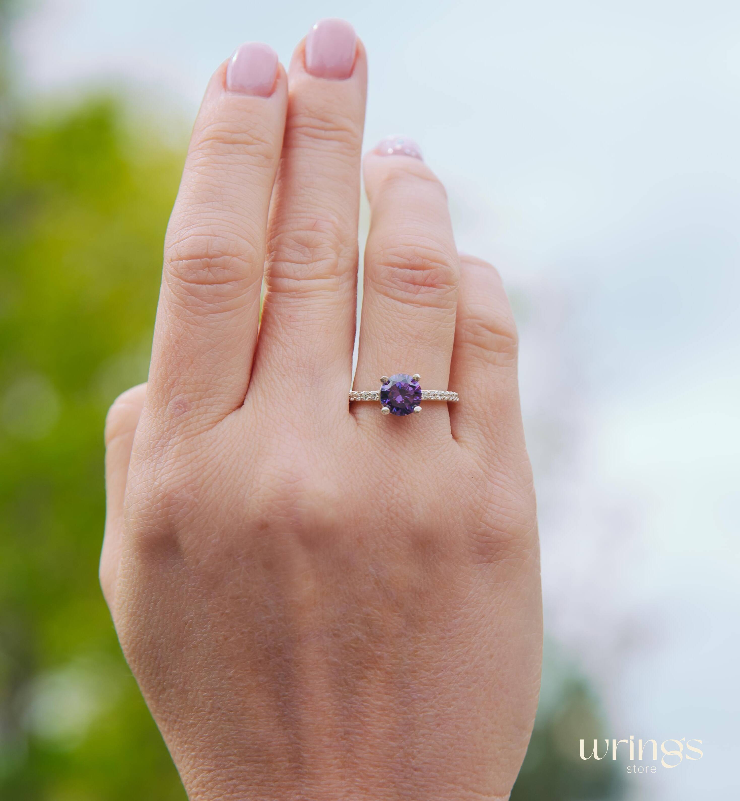 Amethyst Engagement Ring Silver with White Gems on Band