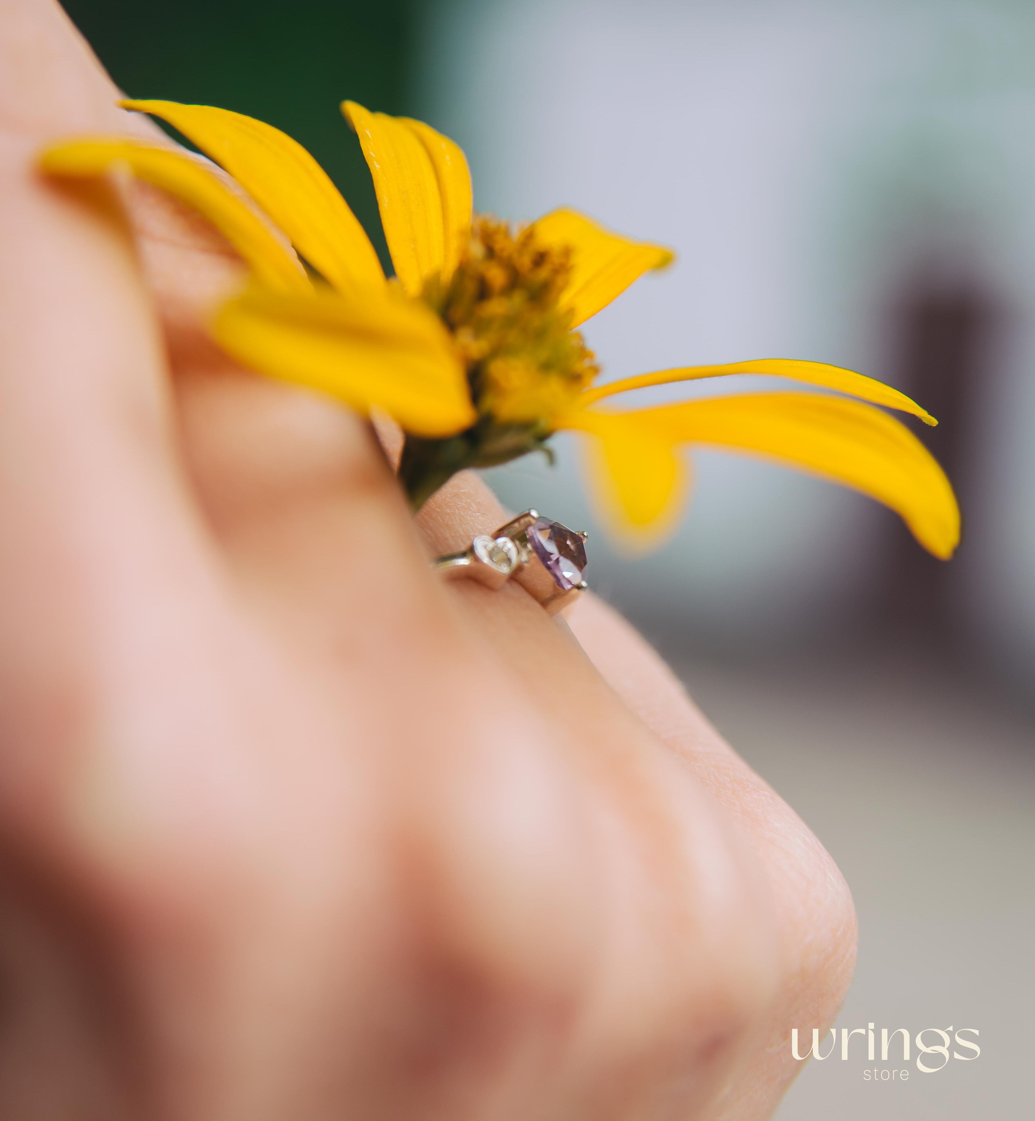 Trilliant Amethyst Silver Ring & White Stone in Side Heart