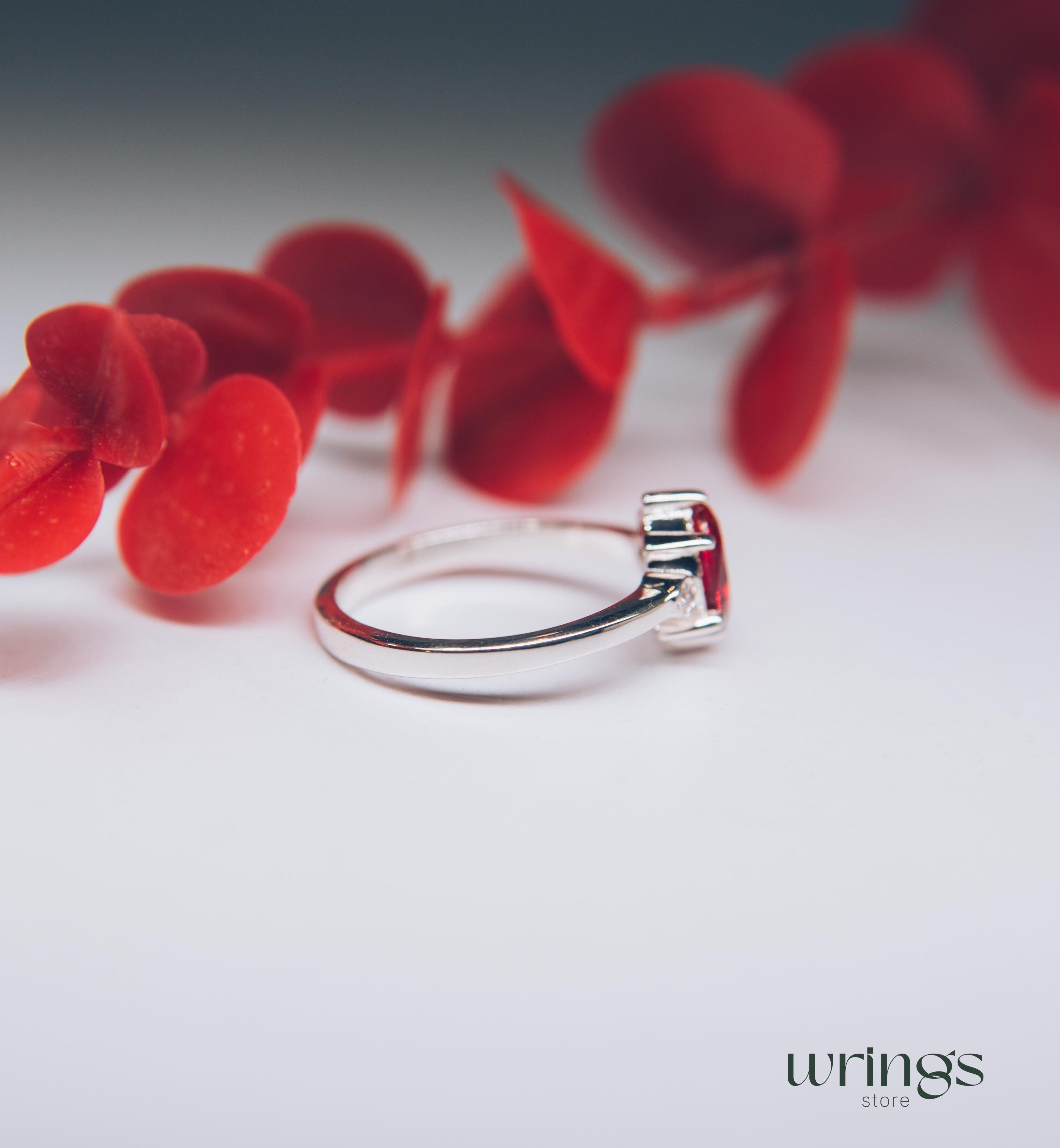 Large Oval cut Red Stone Silver Cocktail Ring & Side Stones