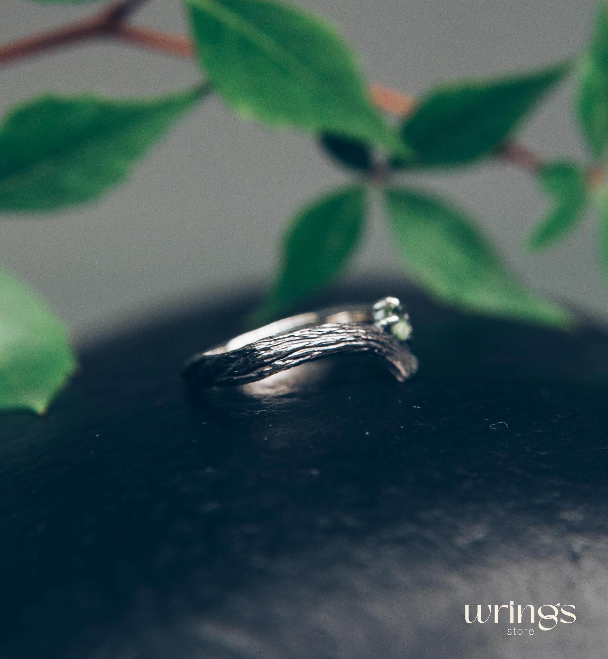 Twig Engagement Ring with Leaves — Peridot Tiny Ring