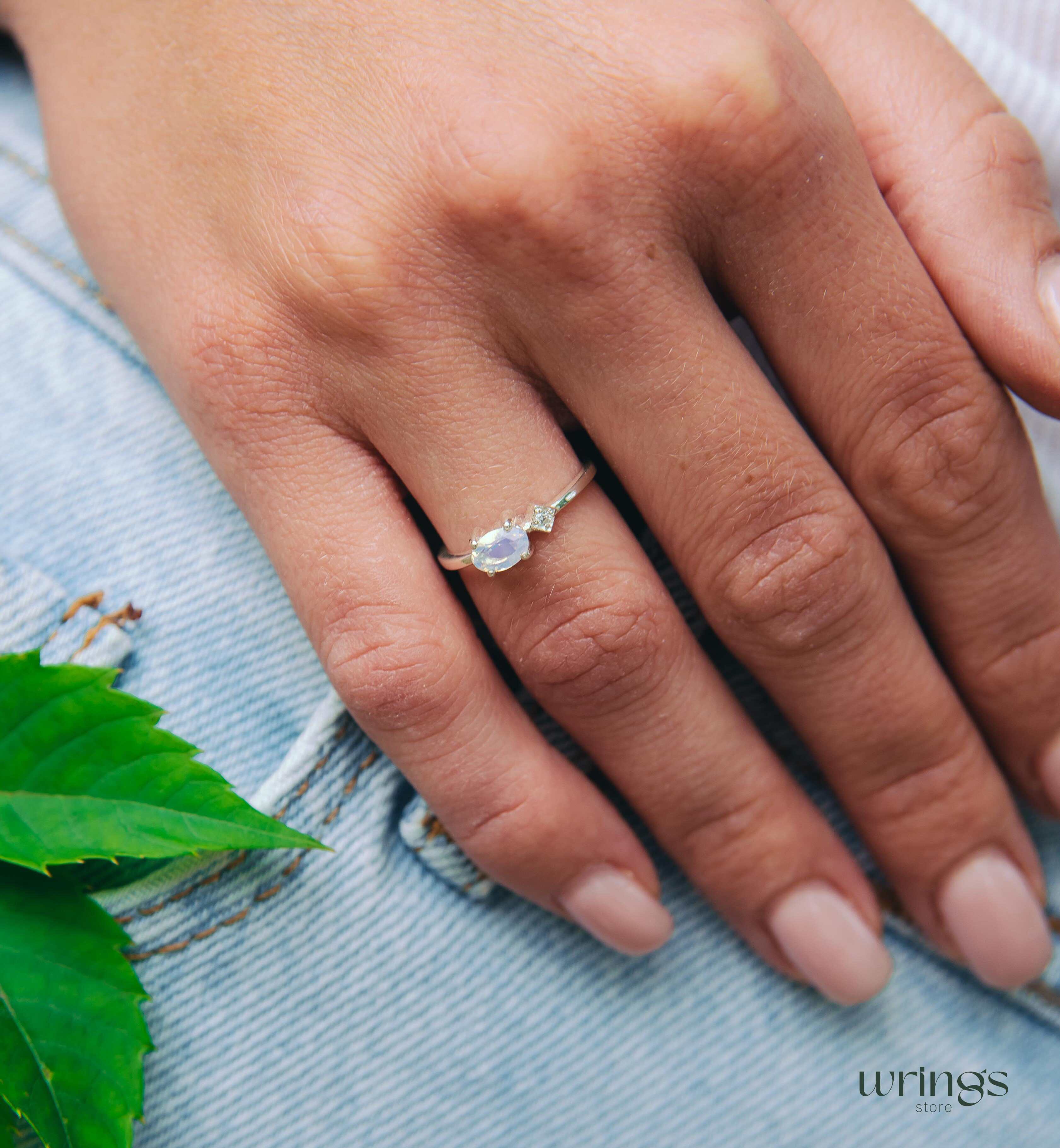 Silver Moon Stone Engagement Ring with Side Cubic Zirconia