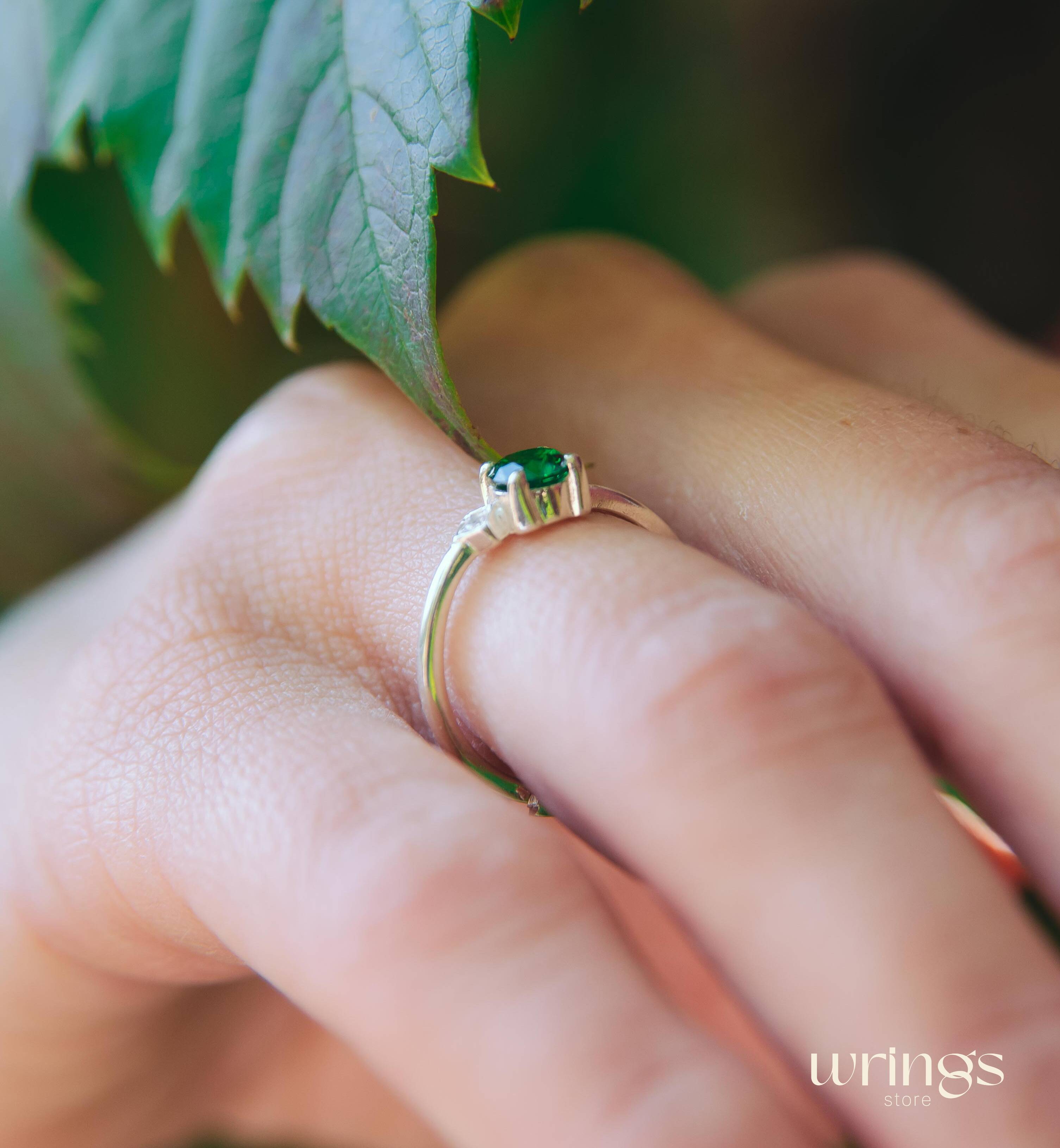 Central Custom Green Stone Silver Ring with White Side Stone