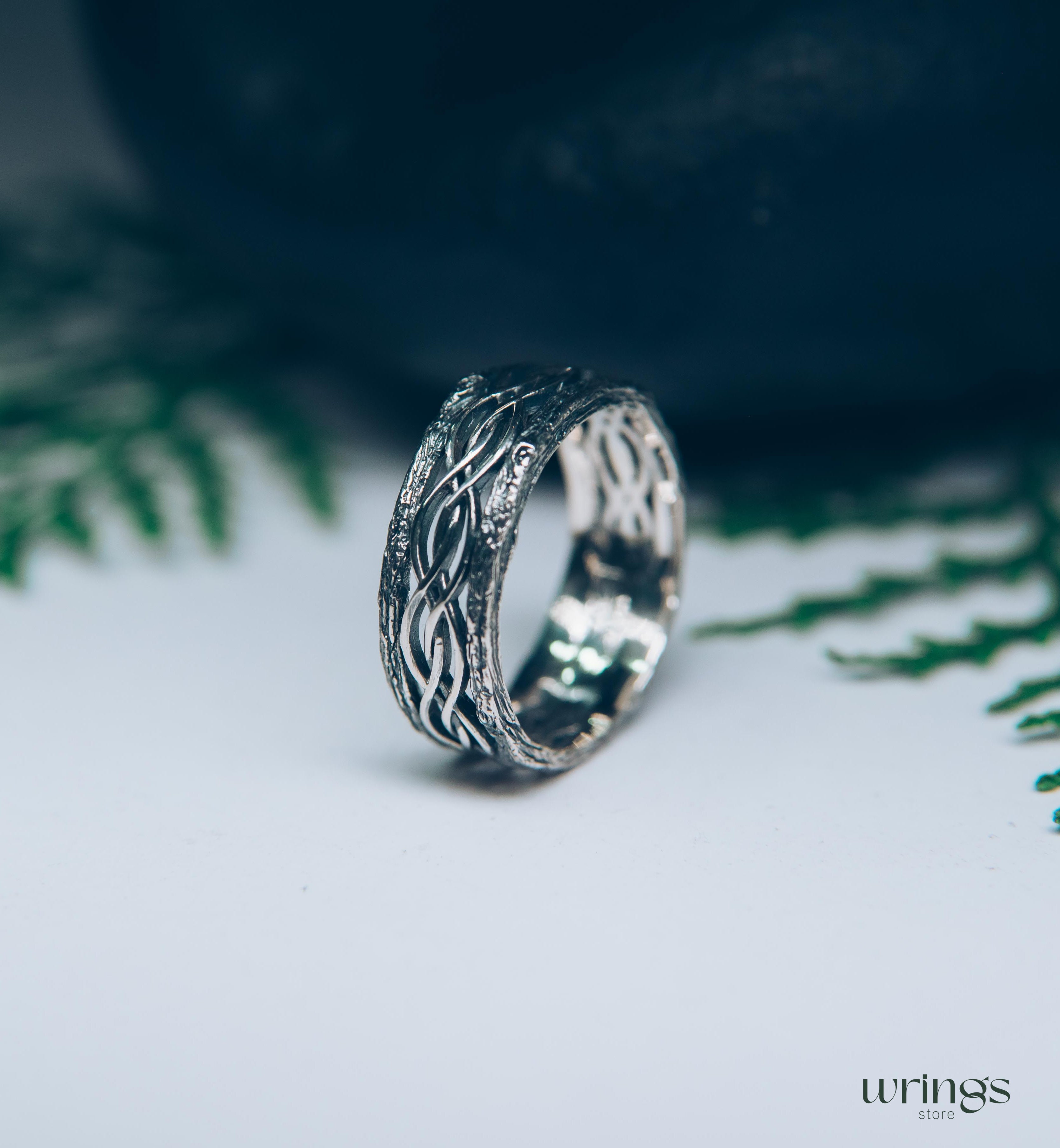 Silver Tree bark and Wavy lines Braided Wedding Band