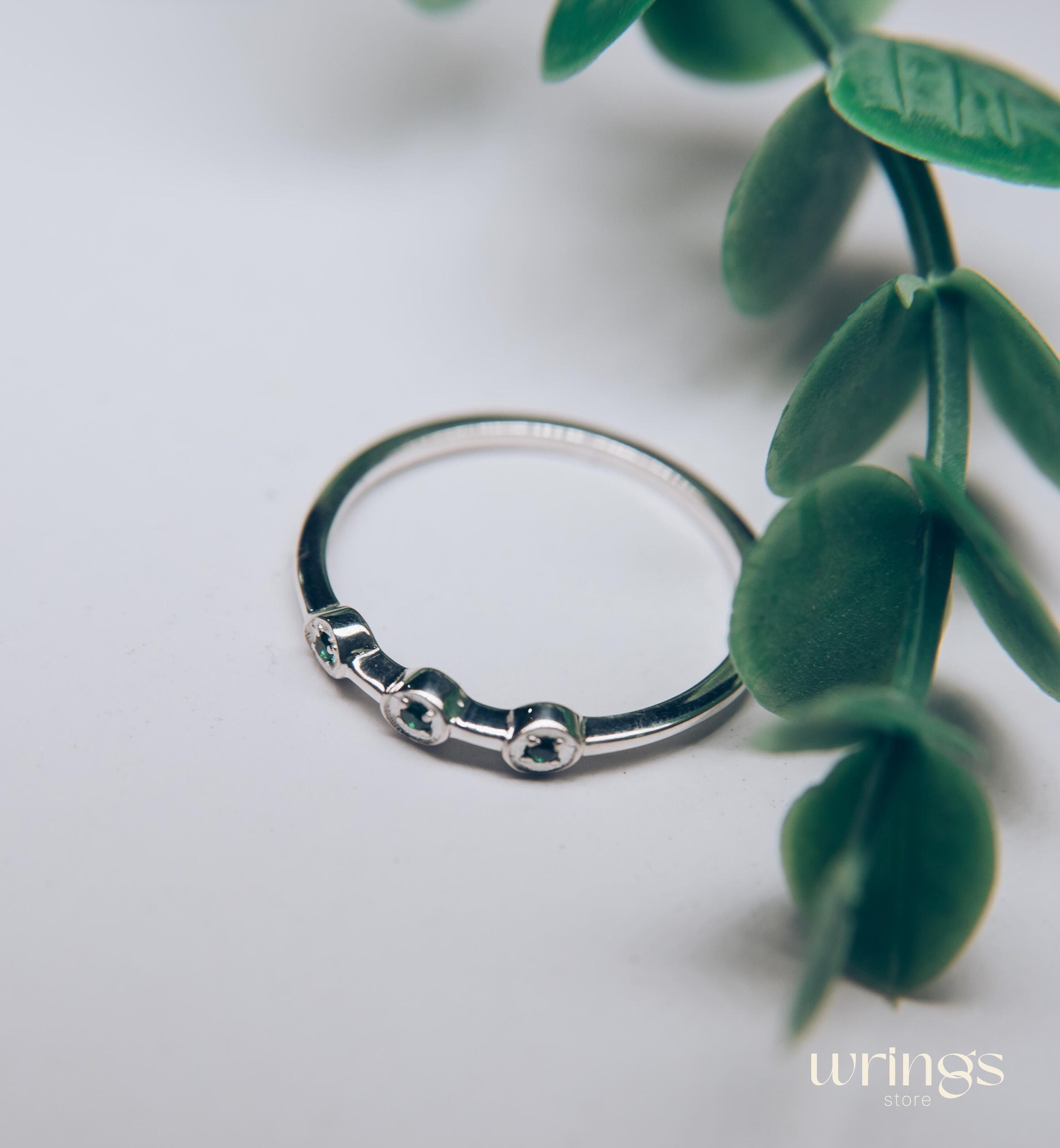 Dainty Emeralds in 3 Small Dots Silver Stackable Ring