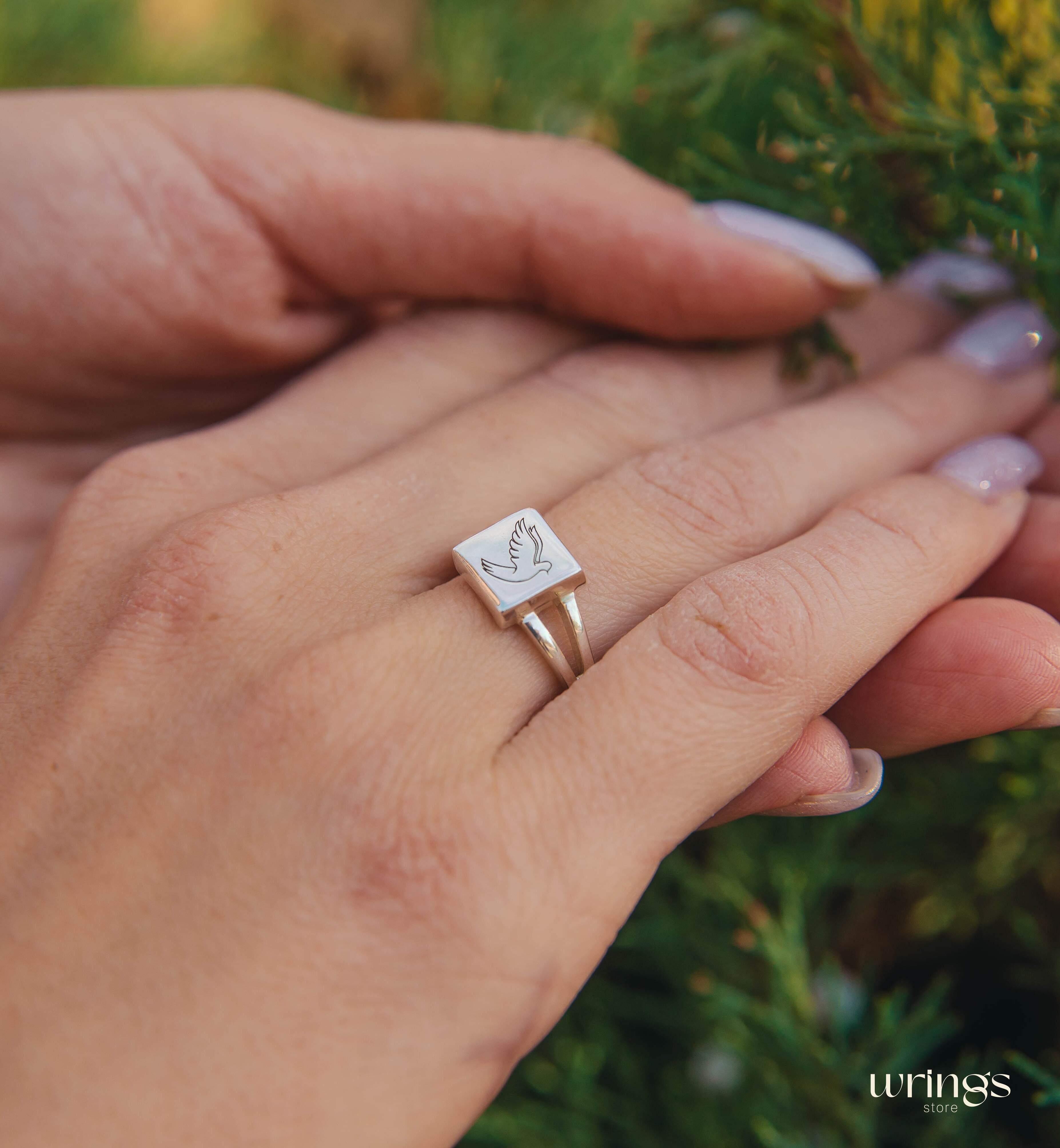 Engraved Pigeon Ring Sterling Silver with Split Band