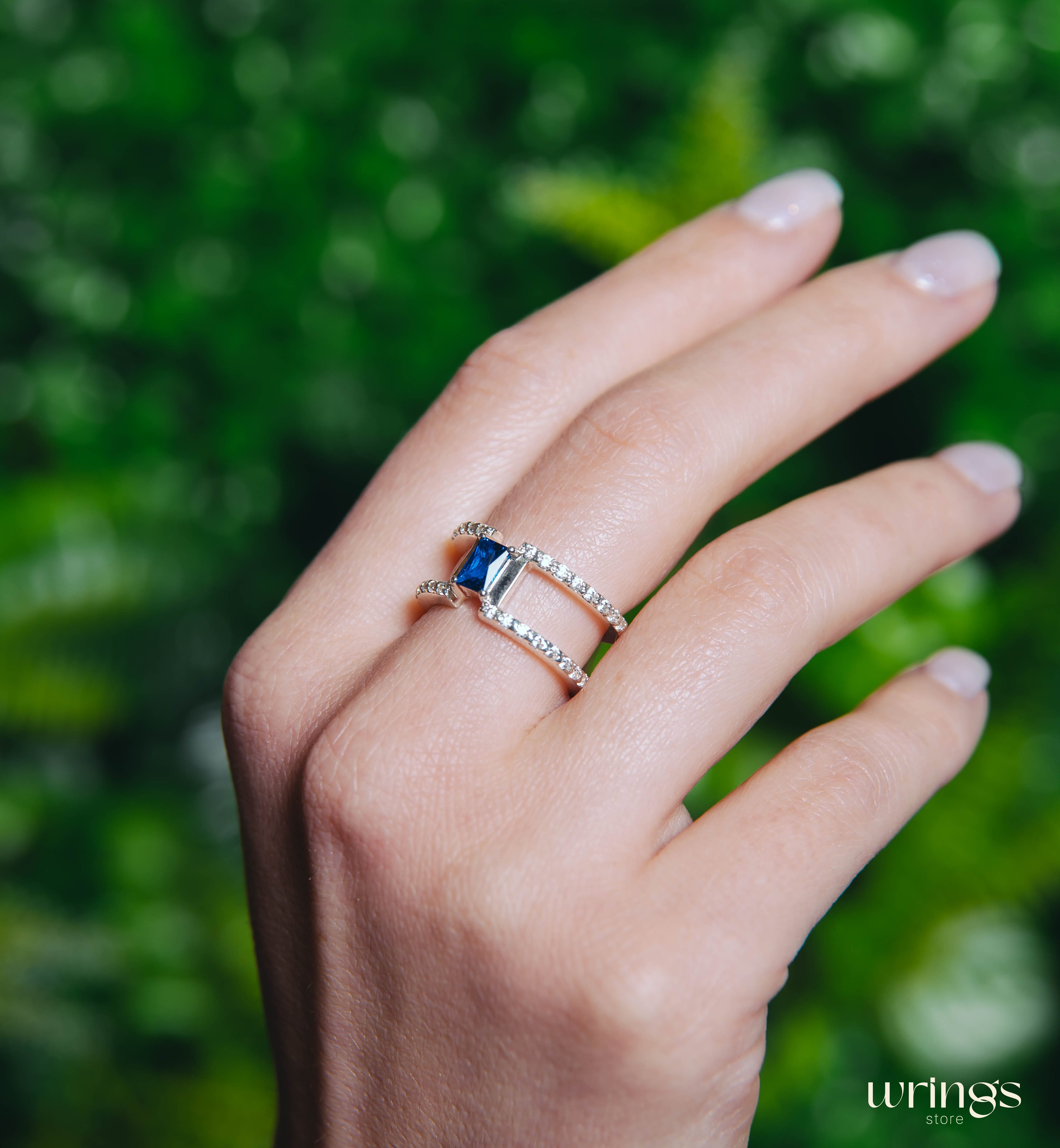 Octagon Cut Blue Topaz Double Engagement Ring Diamonds