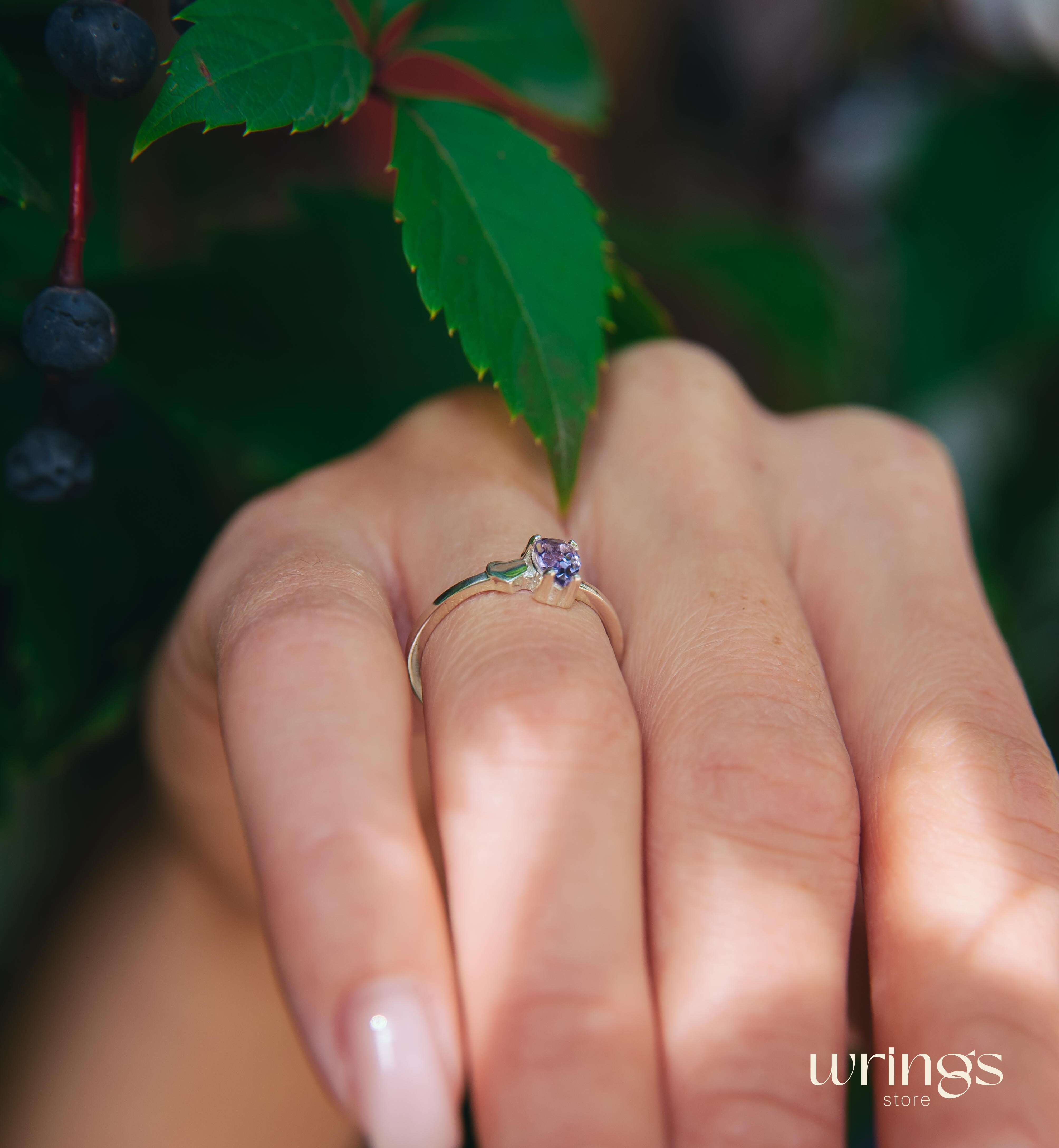 Pear Amethyst Silver Engagement Ring & Side Heart