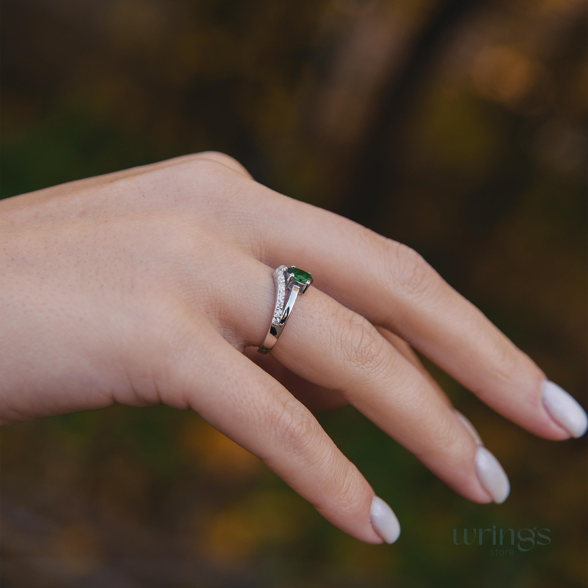 Vertical Oval Emerald V Engagement Ring Silver with CZ