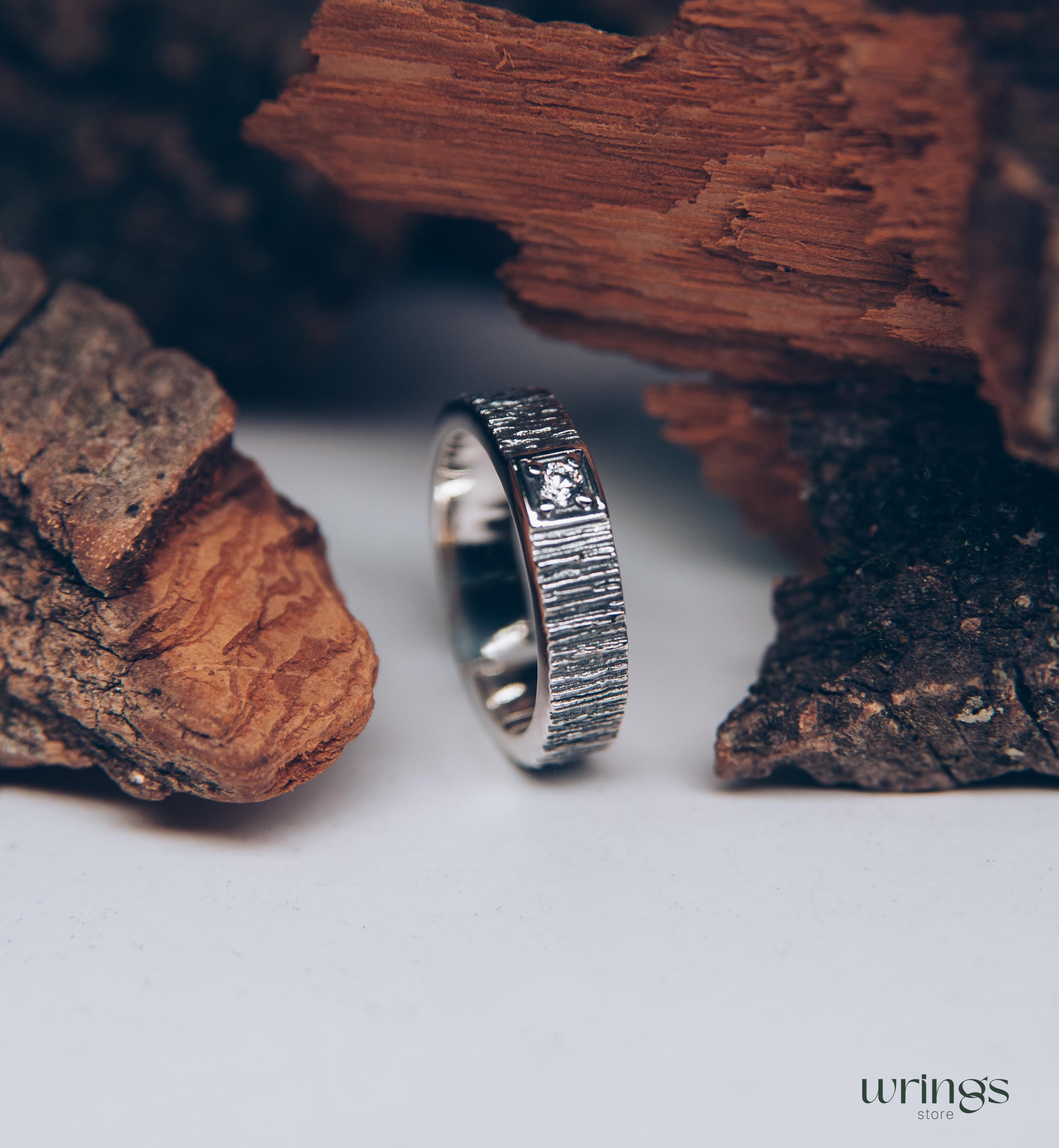 Simple Diamond Men's Wedding Ring band with Tree bark texture