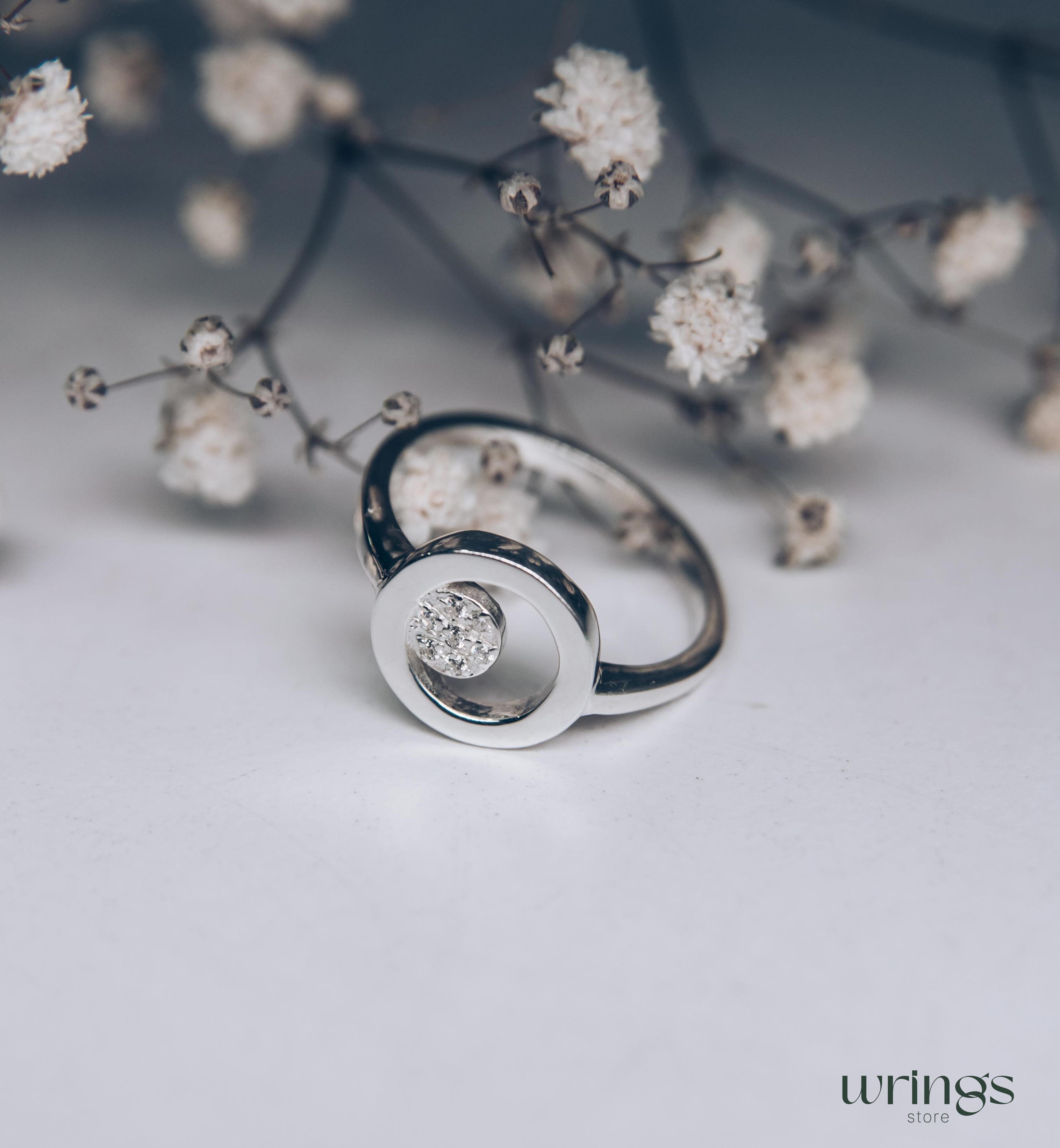 Open Circle Engagement Ring Silver Pave Set Diamonds