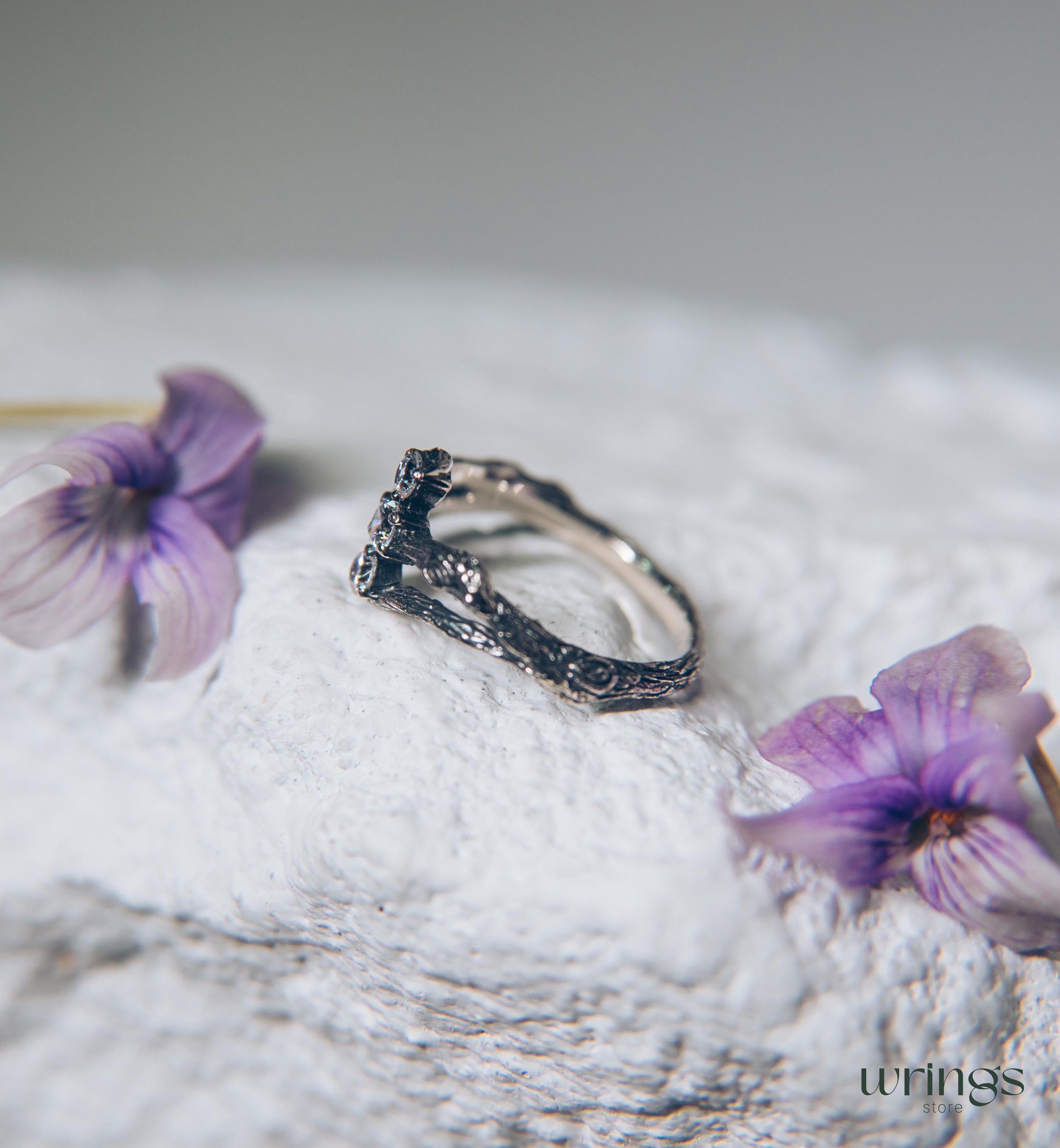 Three Stones on a Three Silver Twigs Cute Engagement Ring