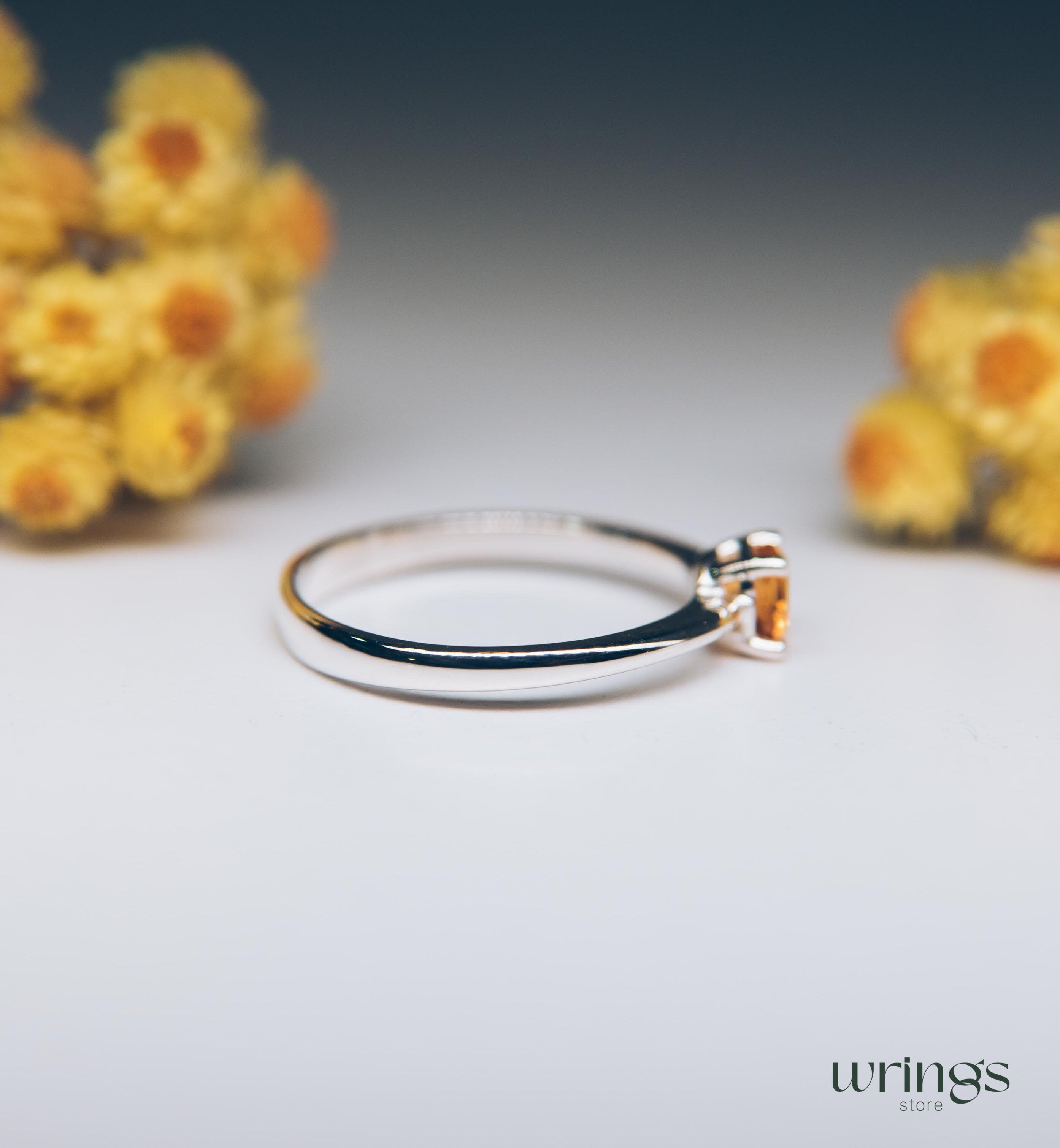 Yellow Citrine Classic Silver Solitaire Engagement Ring