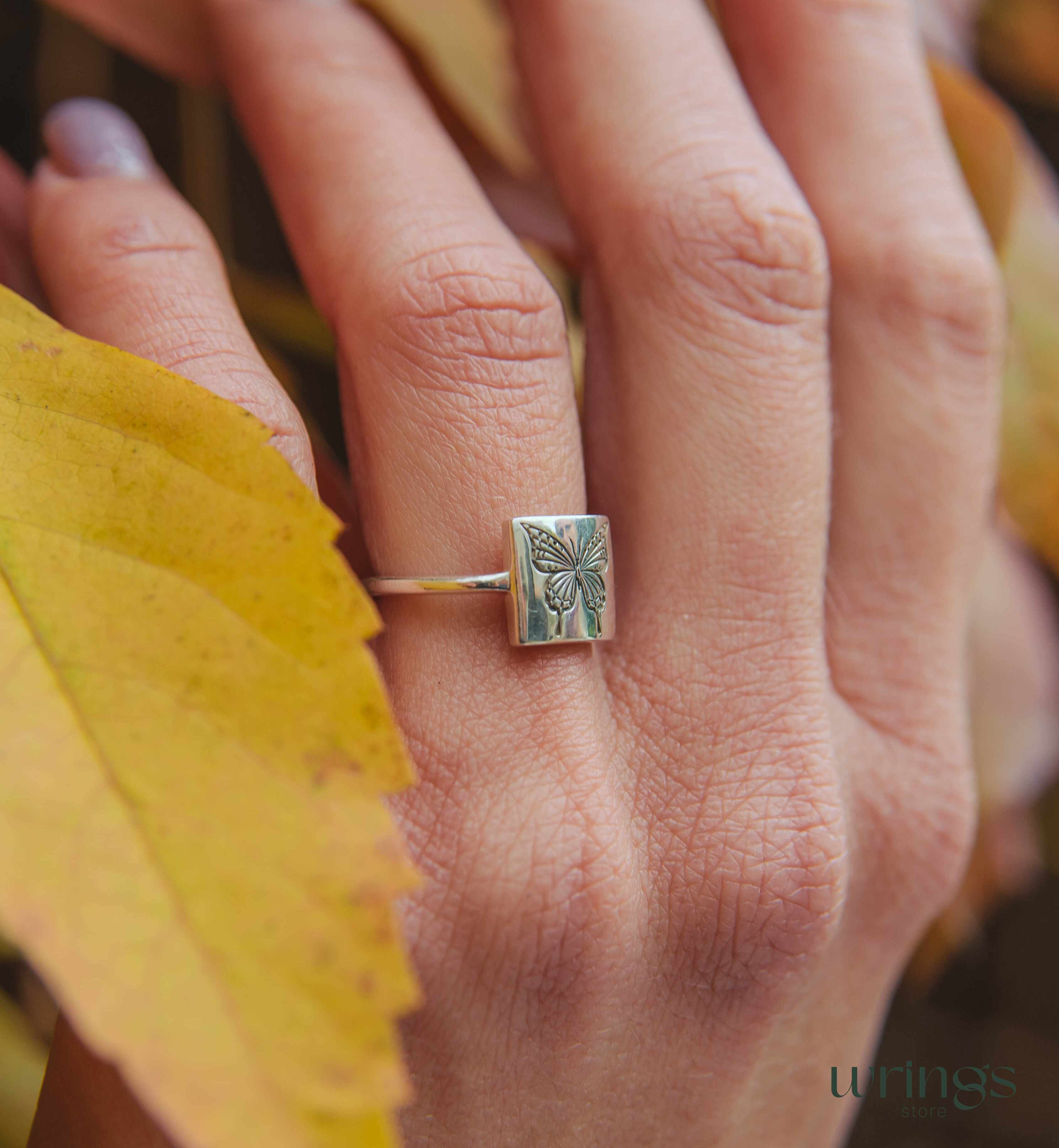 Engraved Monarch Butterfly Silver Square Signet Ring