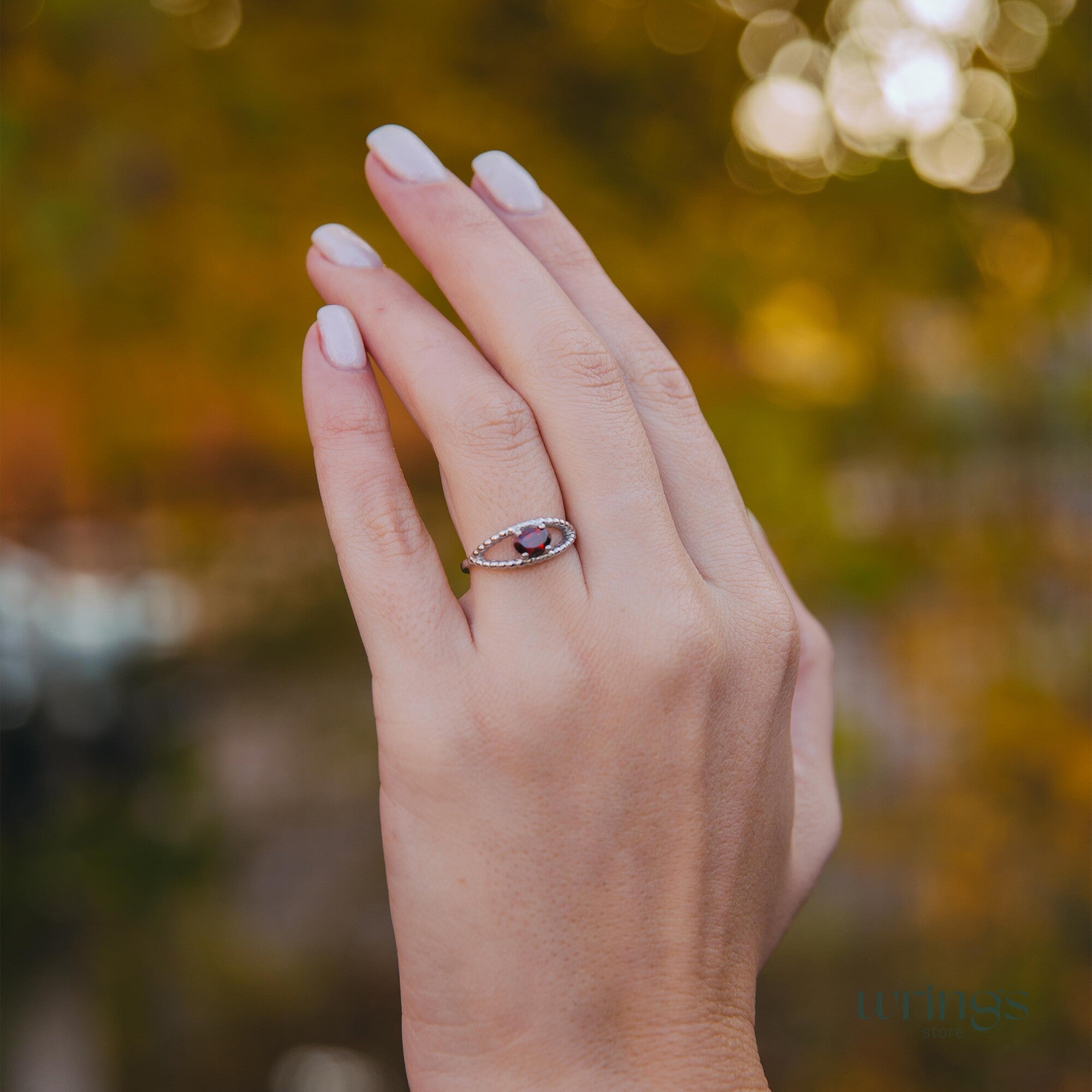 Garnet Gem Silver Beaded Evil Eye Engagement Ring