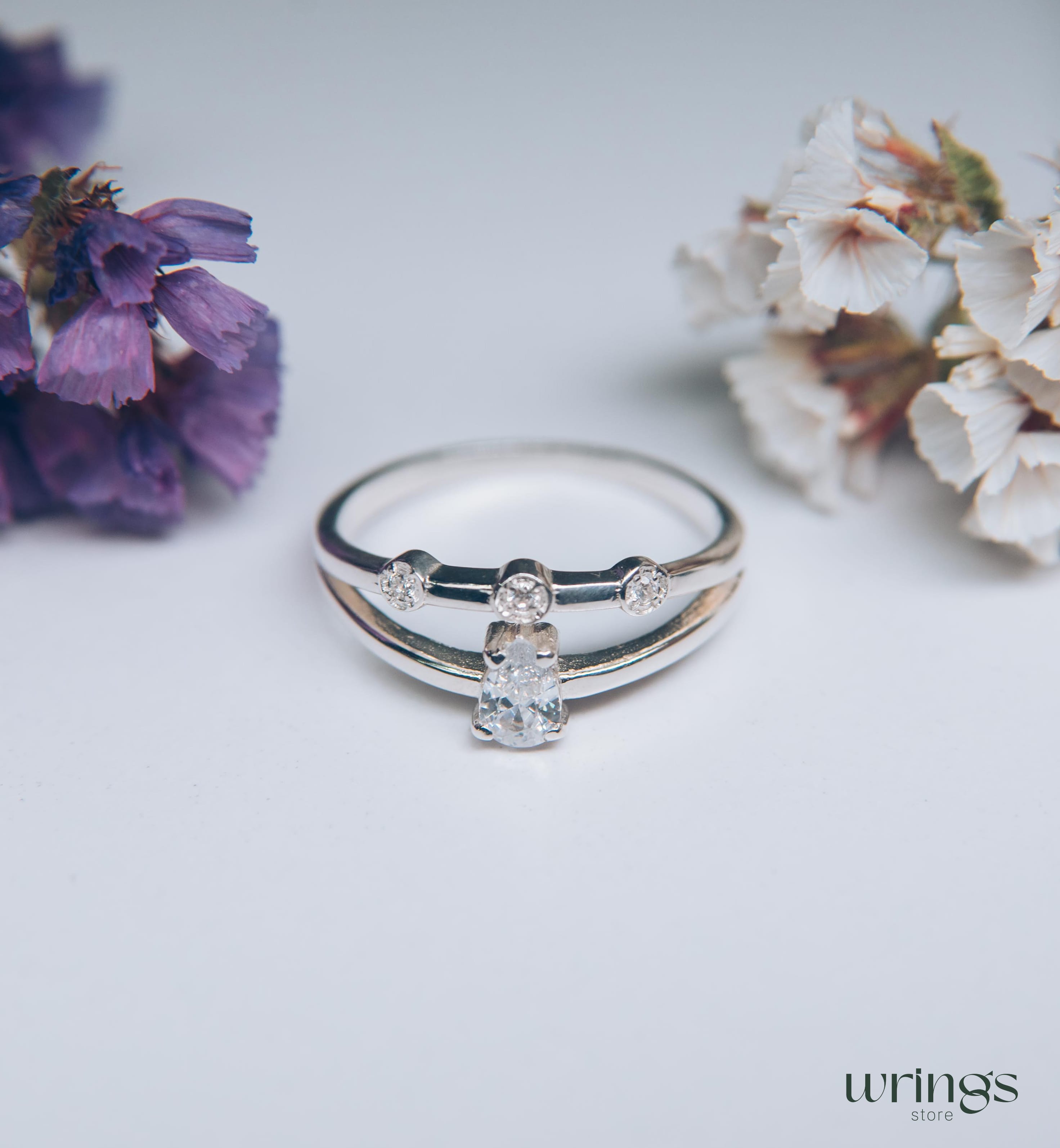 Pear Diamond CZ Double Engagement Ring Band Side Stones