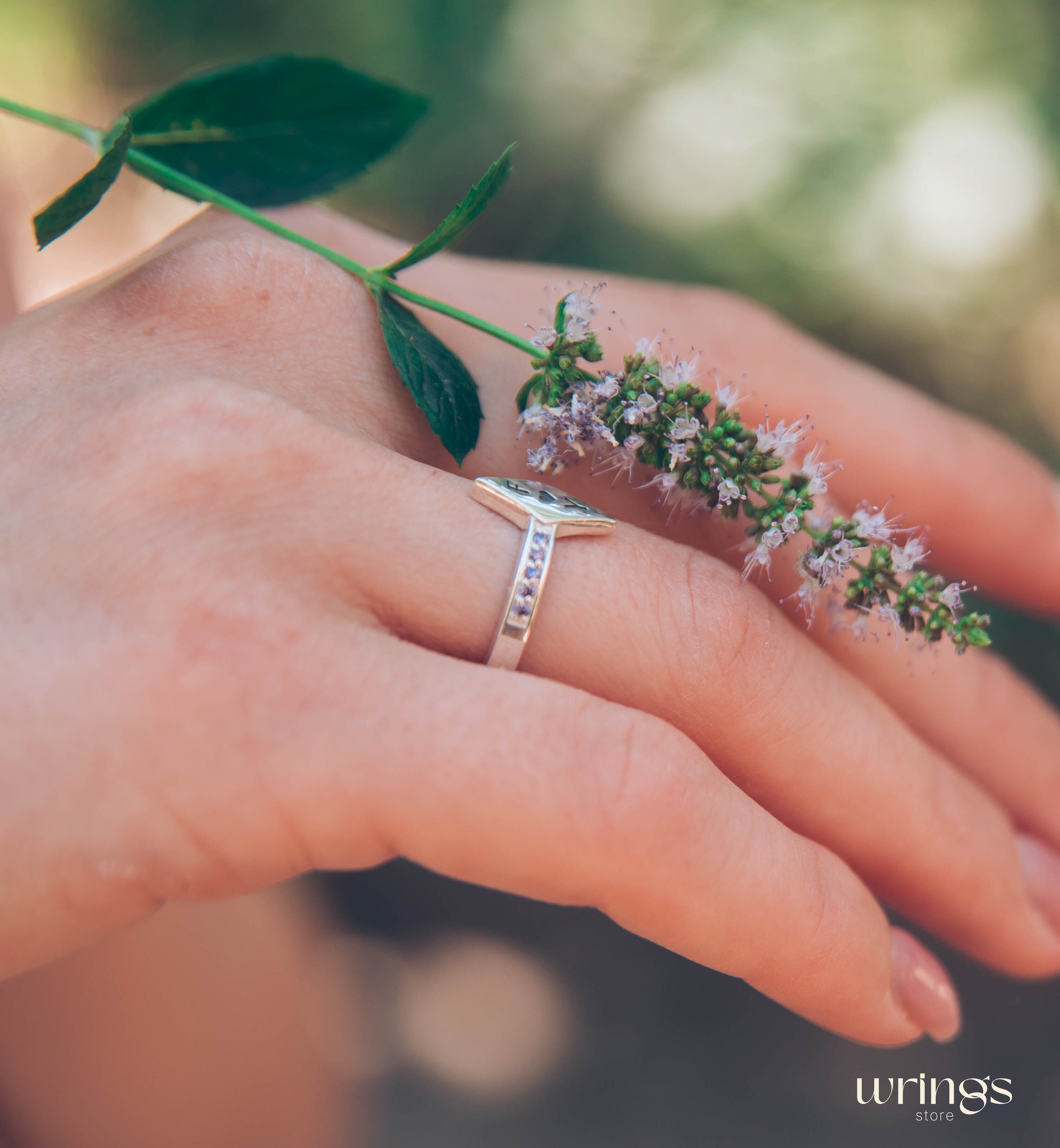 Personalized Promise Ring - Rhombus Head, Amethysts & Letters