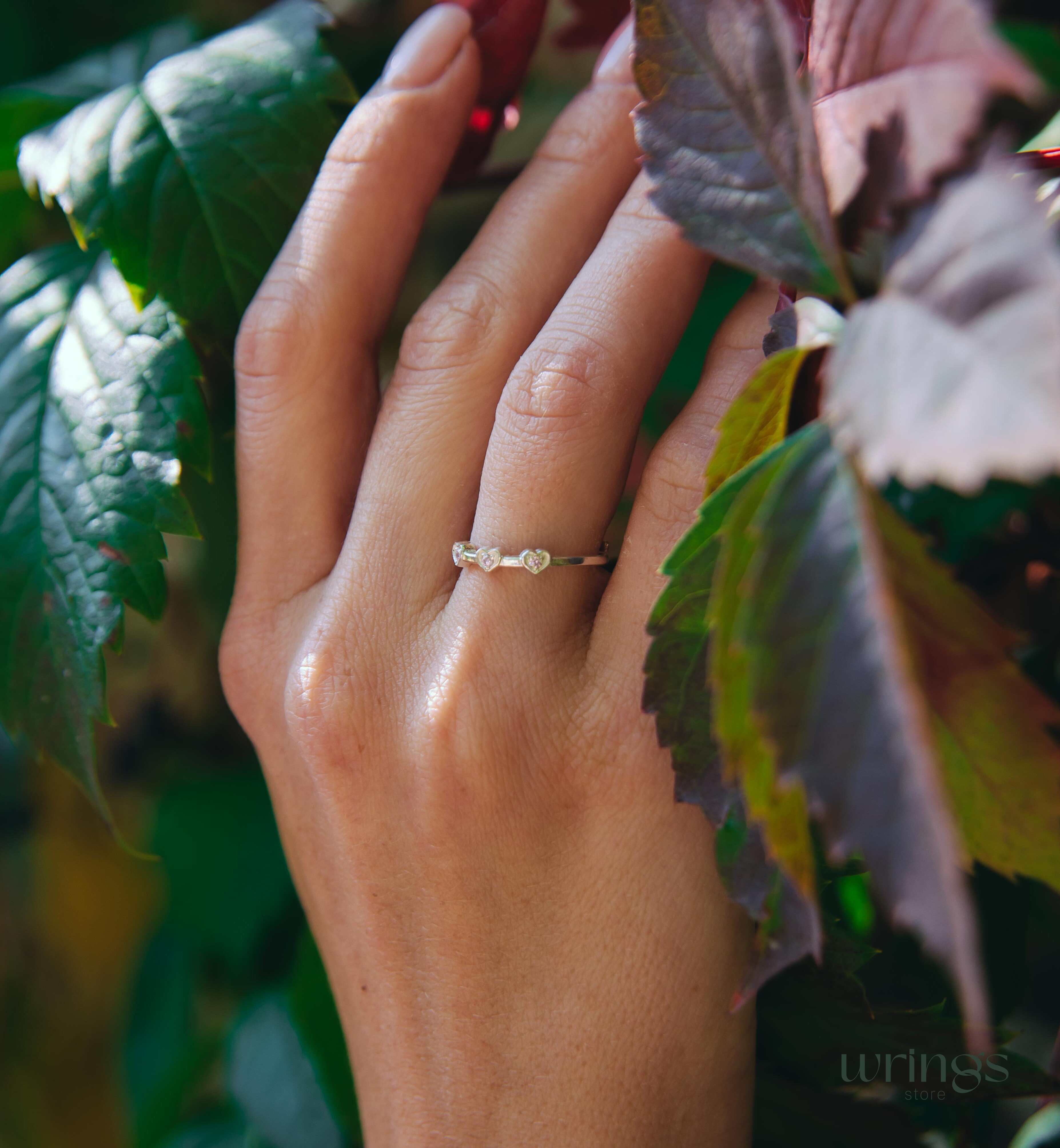 3 Hearts with Simulated Rose Quartz Silver Love Ring