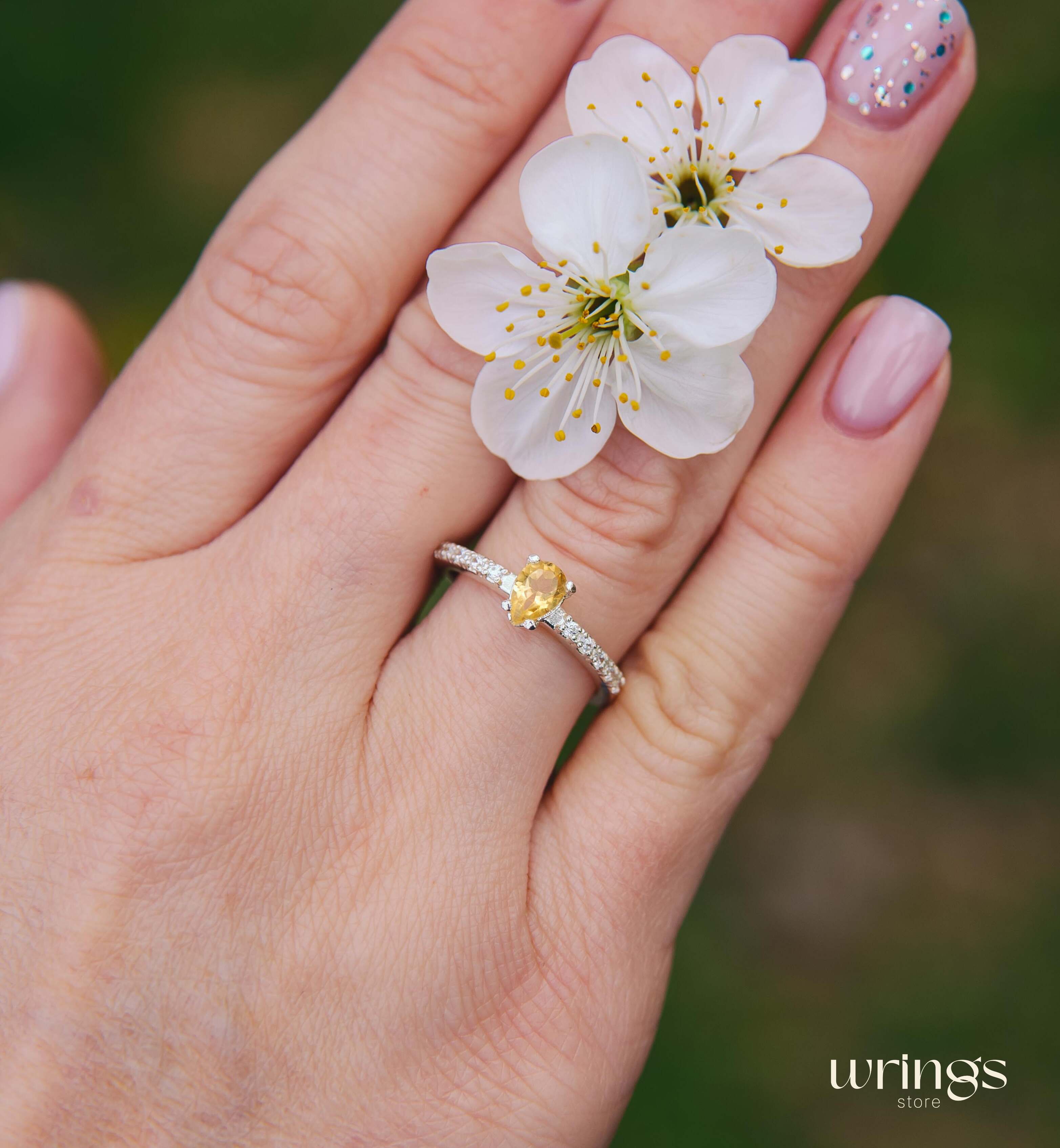 Pear cut Citrine Side Stone Engagement Ring Silver