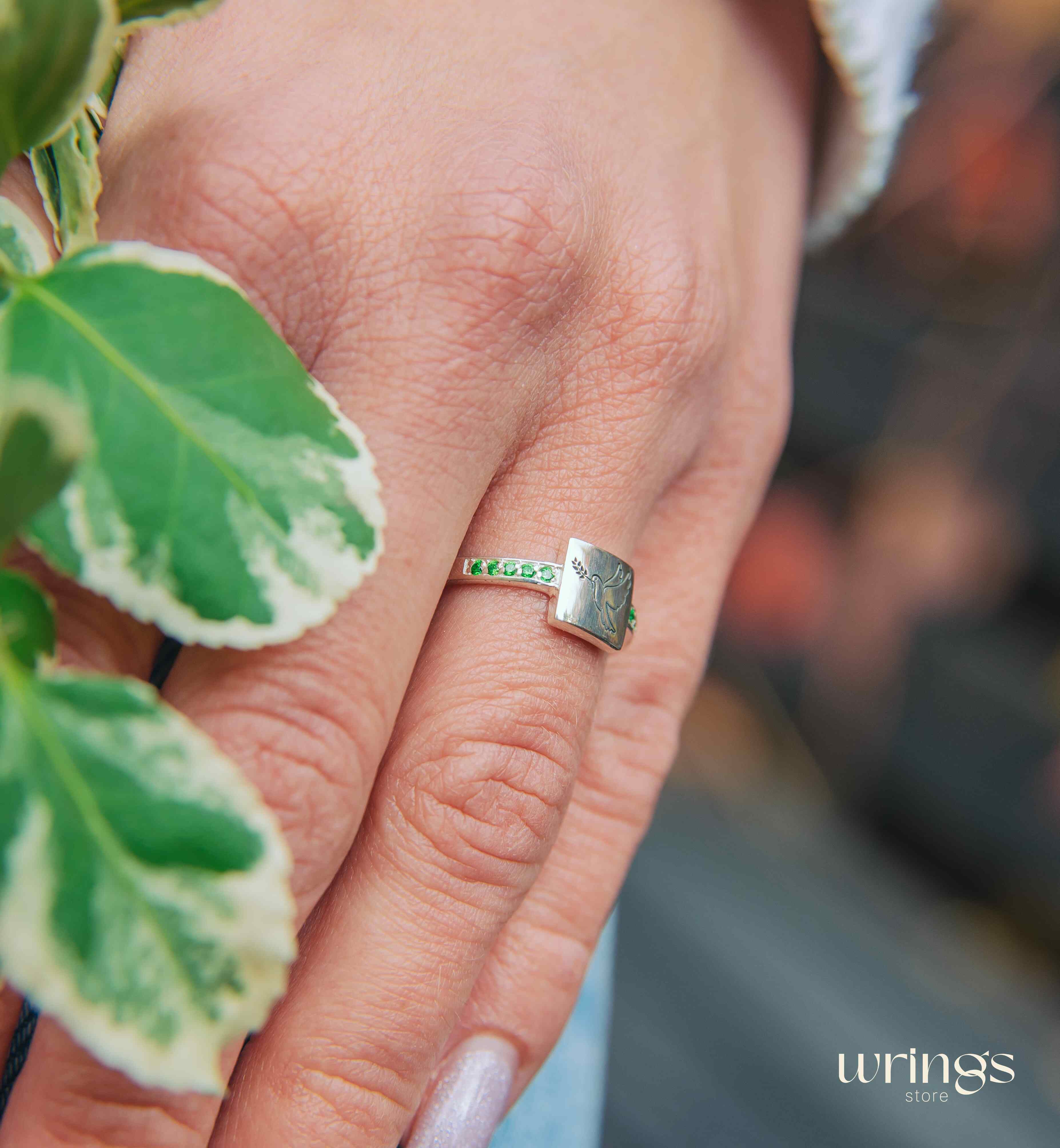 Pigeon of Peace Silver Signet Ring Side Emeralds