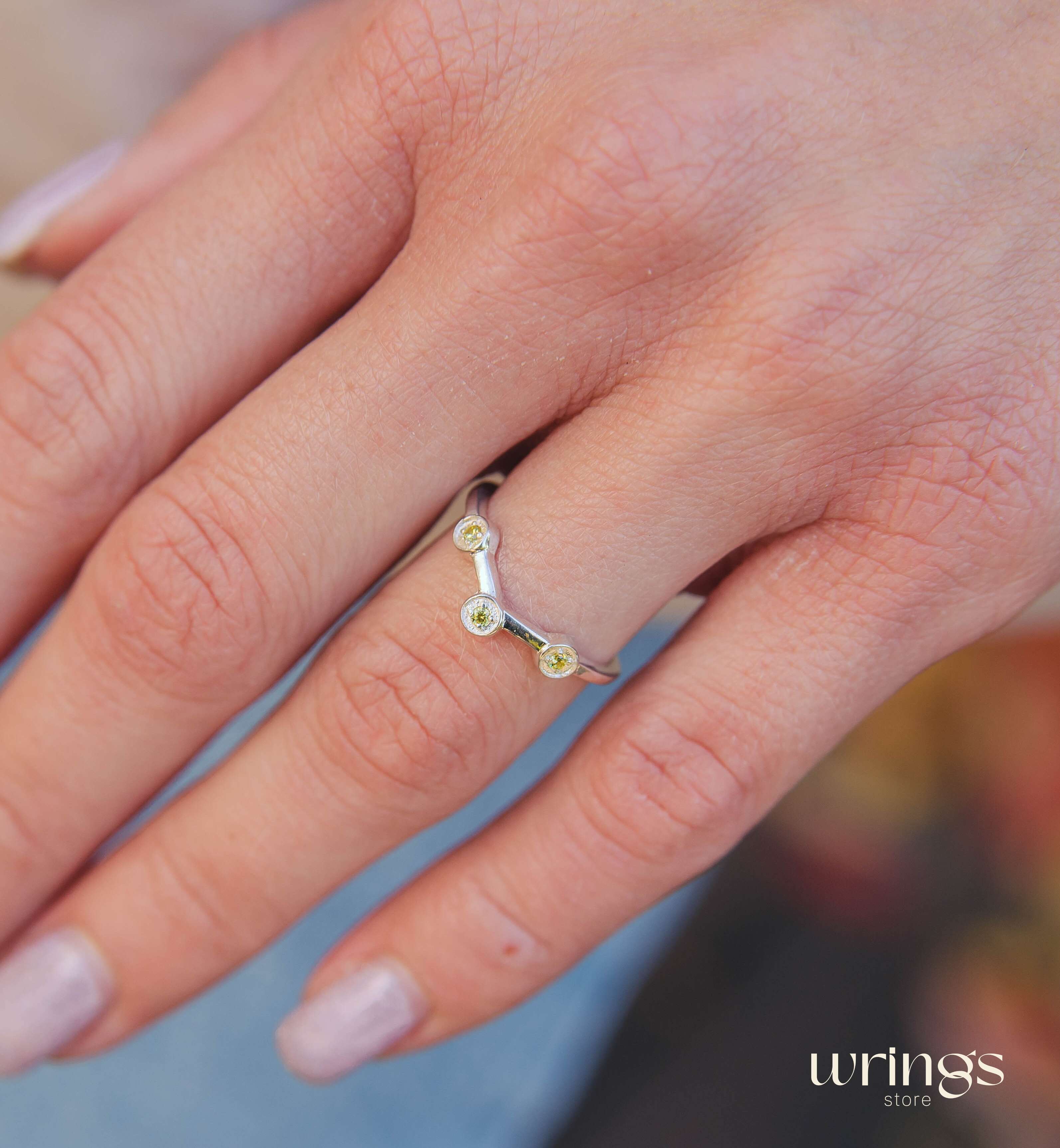 Cute Citrines in 3 Small Dots Silver Curved Ring