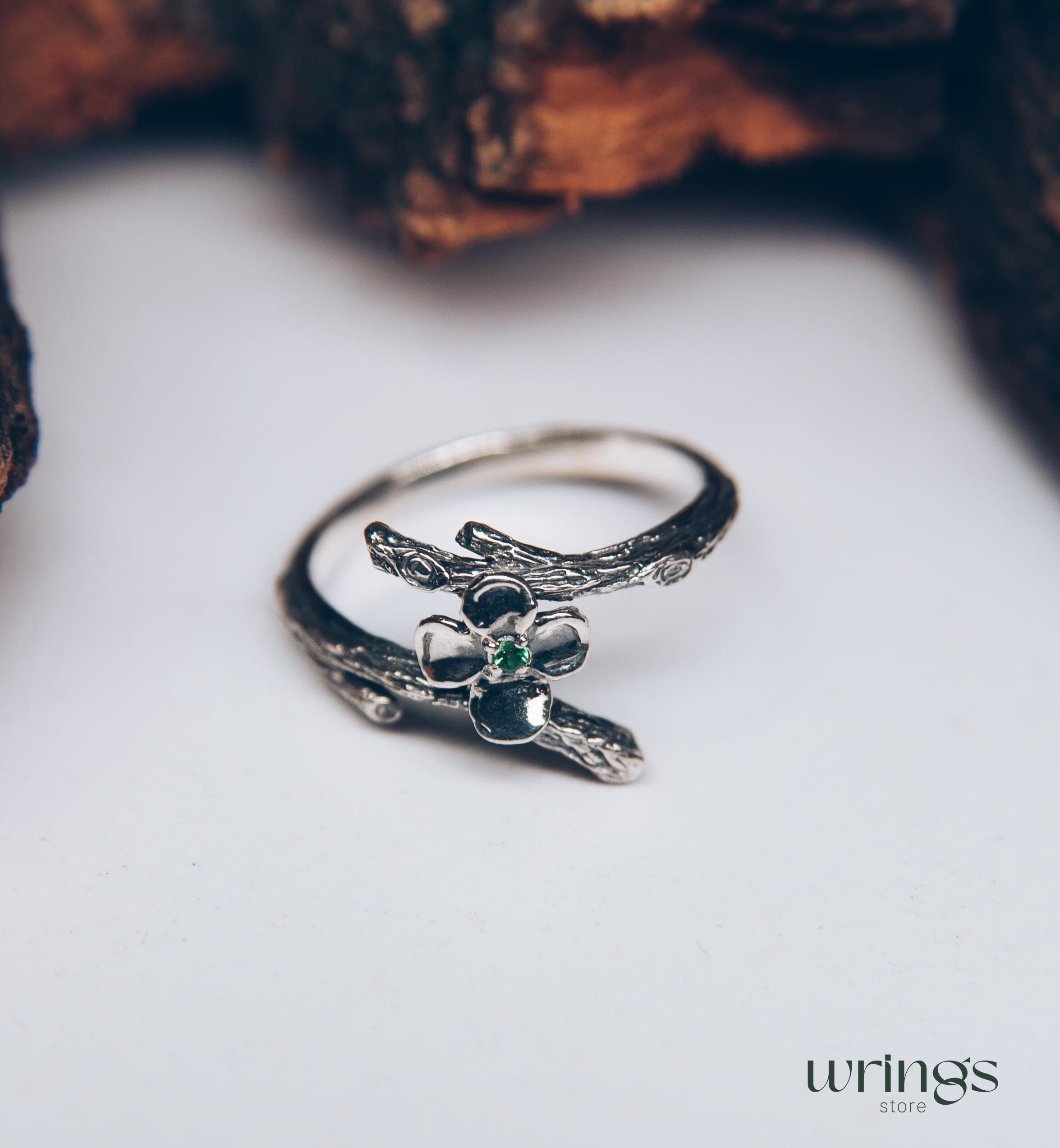 Dainty Quatrefoil flower Ring with Emerald and tiny Branch