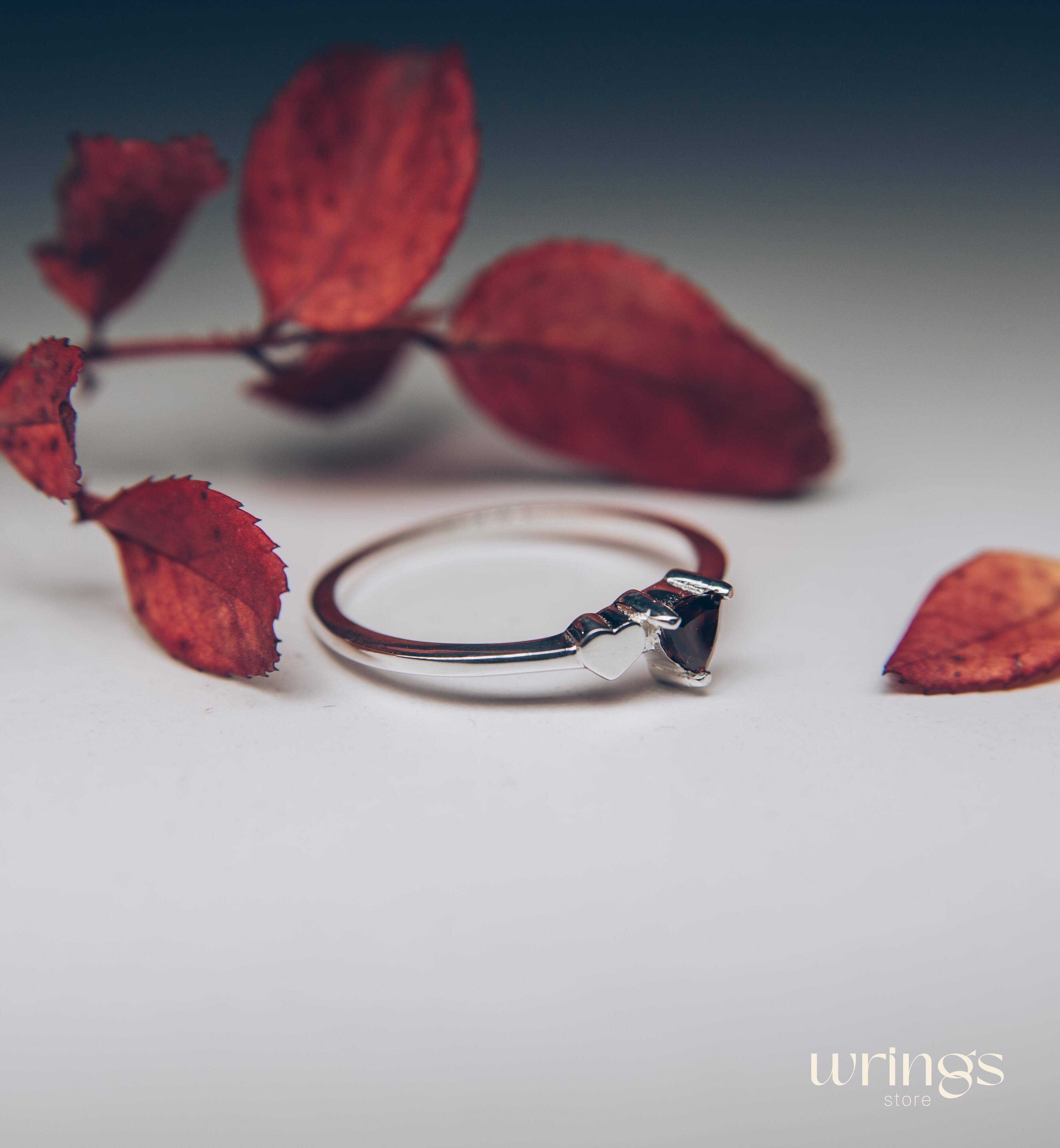 Trillion cut Garnet Silver Ring with Side Heart