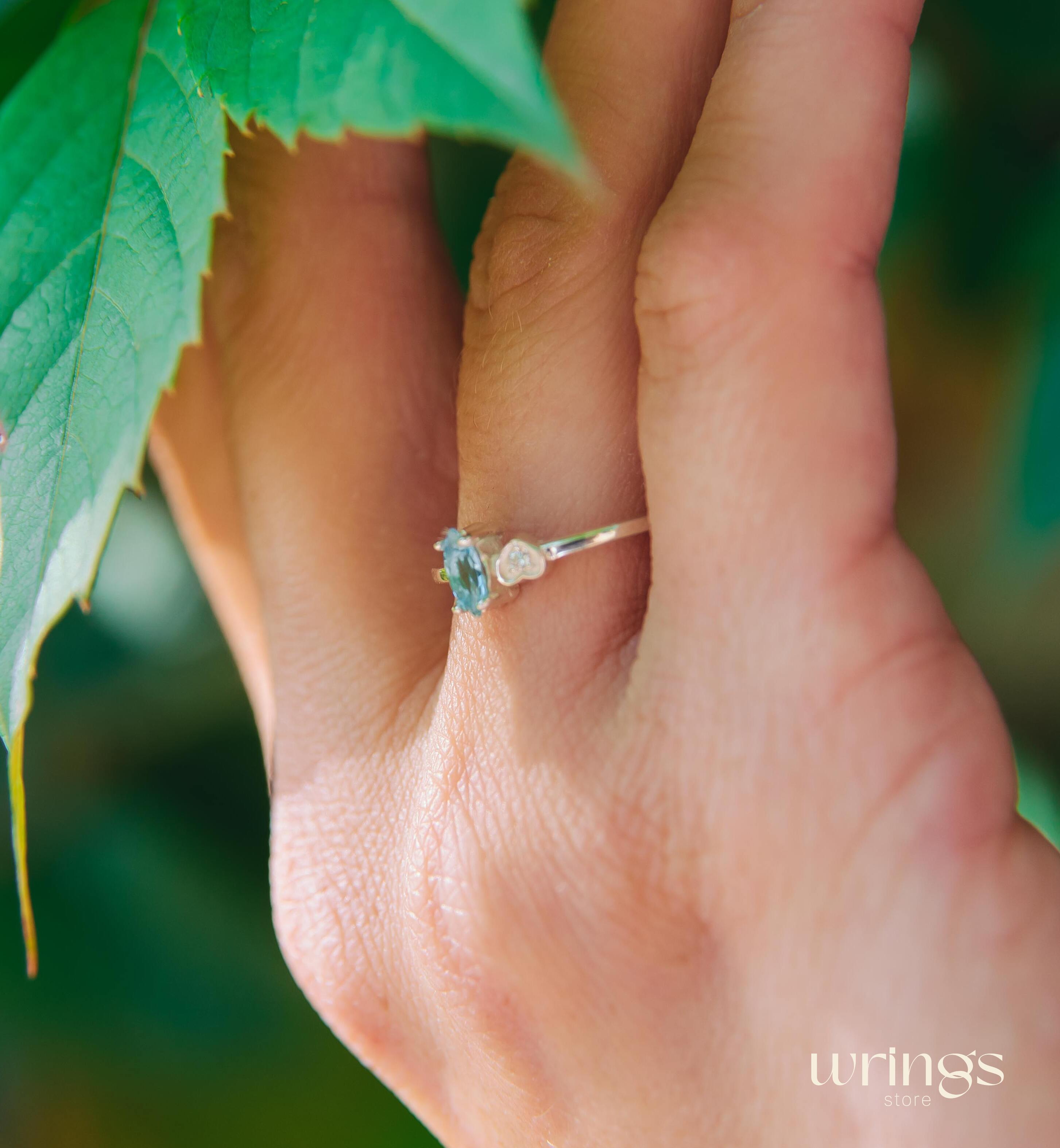 Marquise Blue Topaz Silver Ring & White Stone in Side Heart