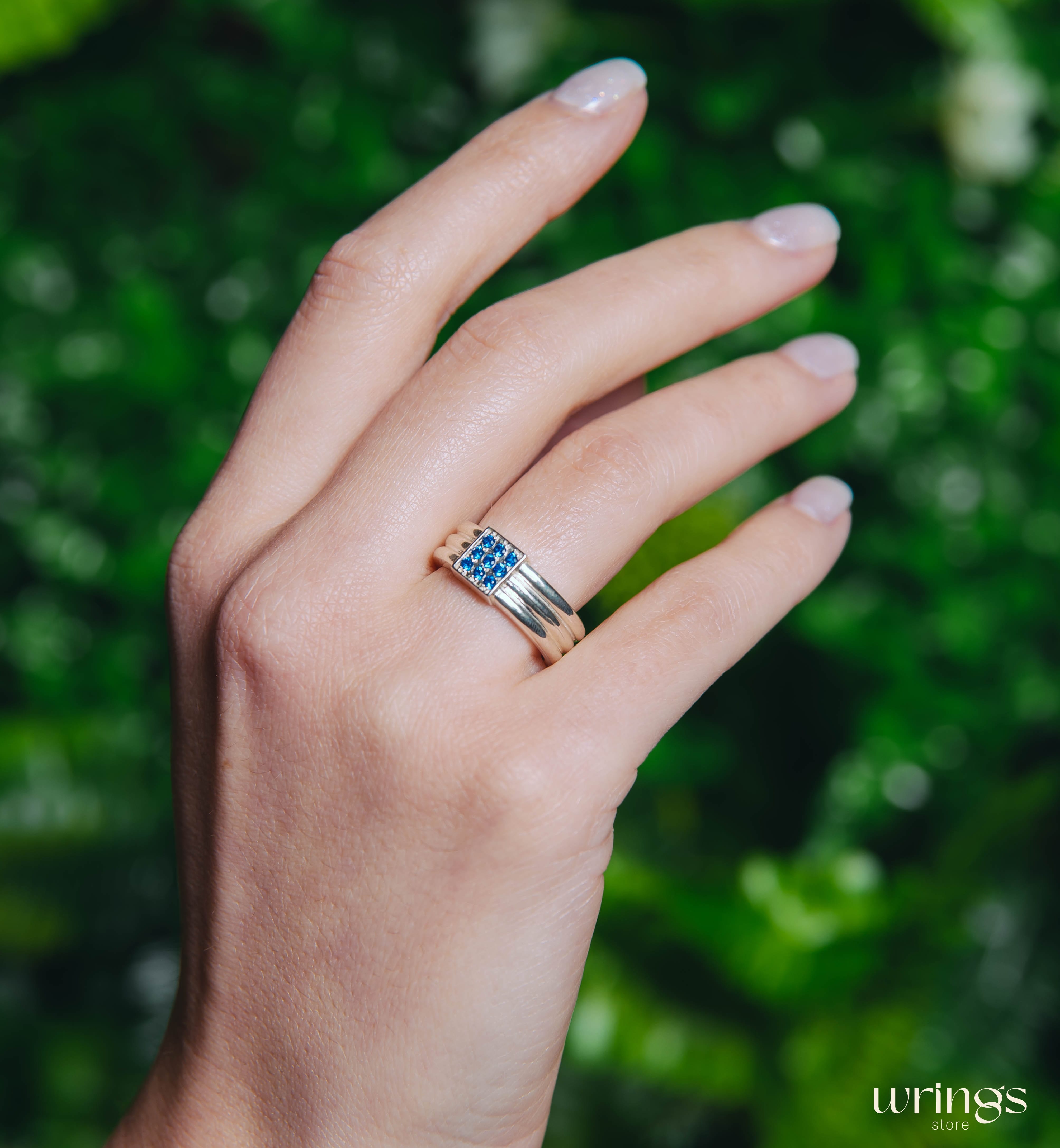 Thick Silver Wedding Band with Natural Blue Sapphires