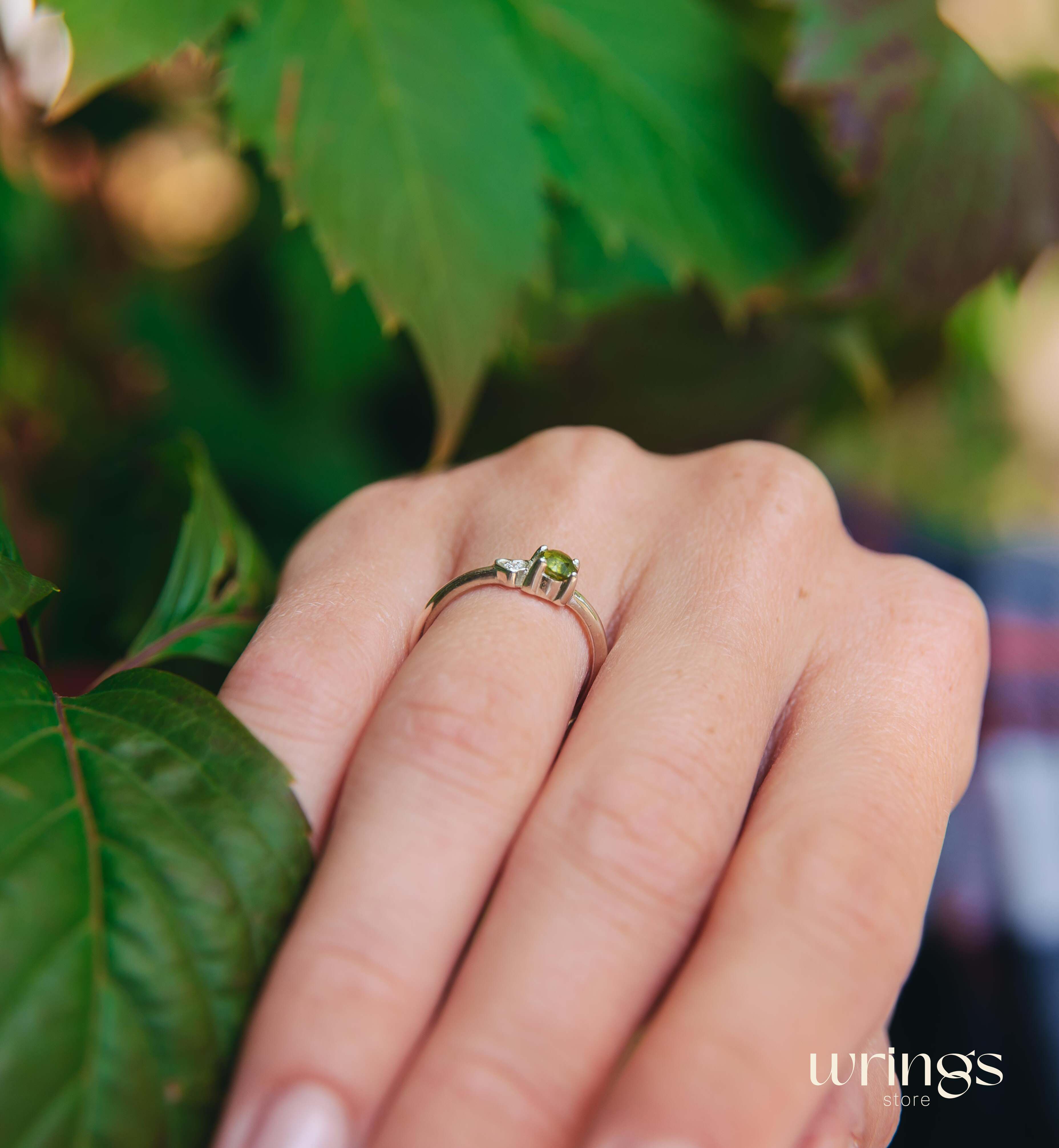 Round Peridot Silver Ring & White Stone in Side Heart