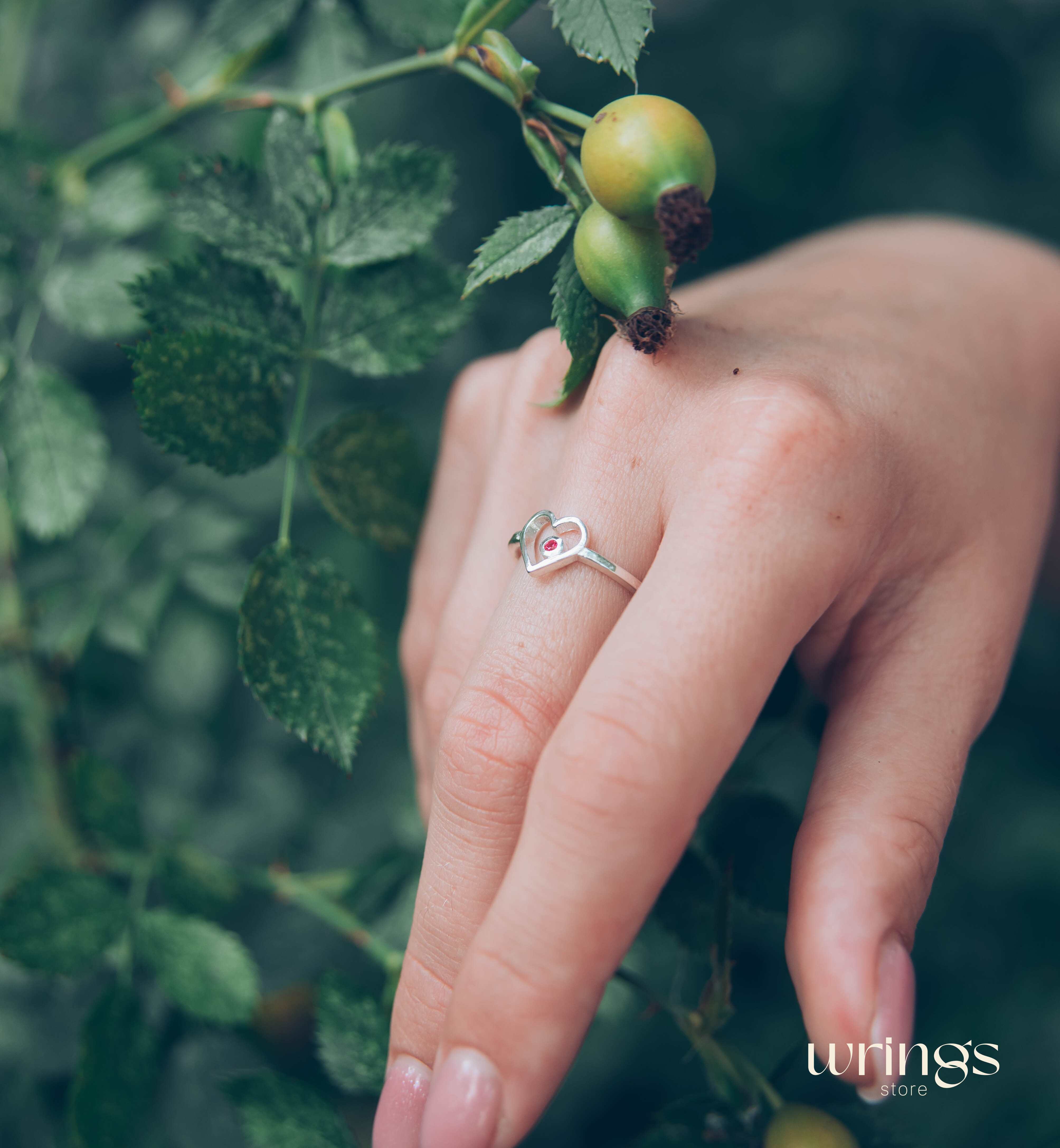 Silver Open Heart with Ruby Promise Ring for Her