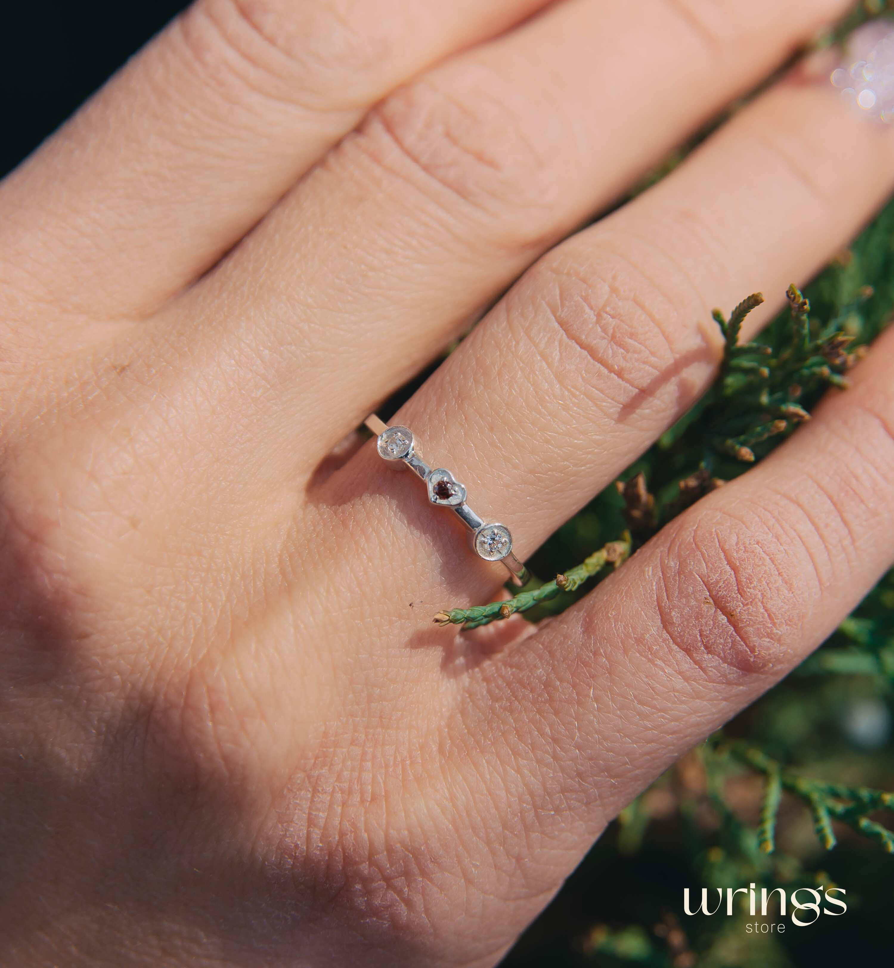 Garnet in Heart and 2 CZ White Stones Silver Promise Ring