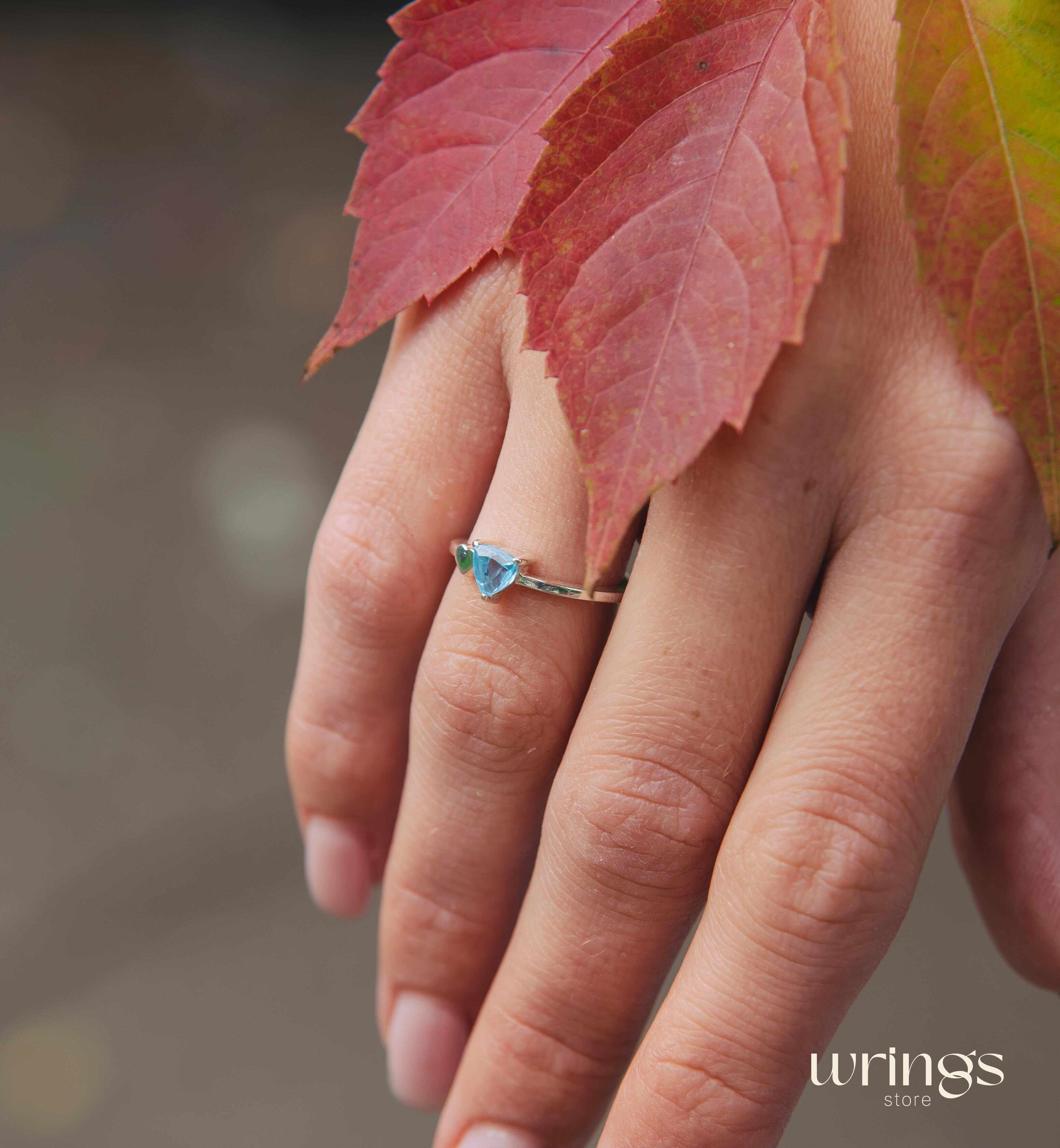 Trillion Swiss Blue Topaz Engagement Ring with Side Heart