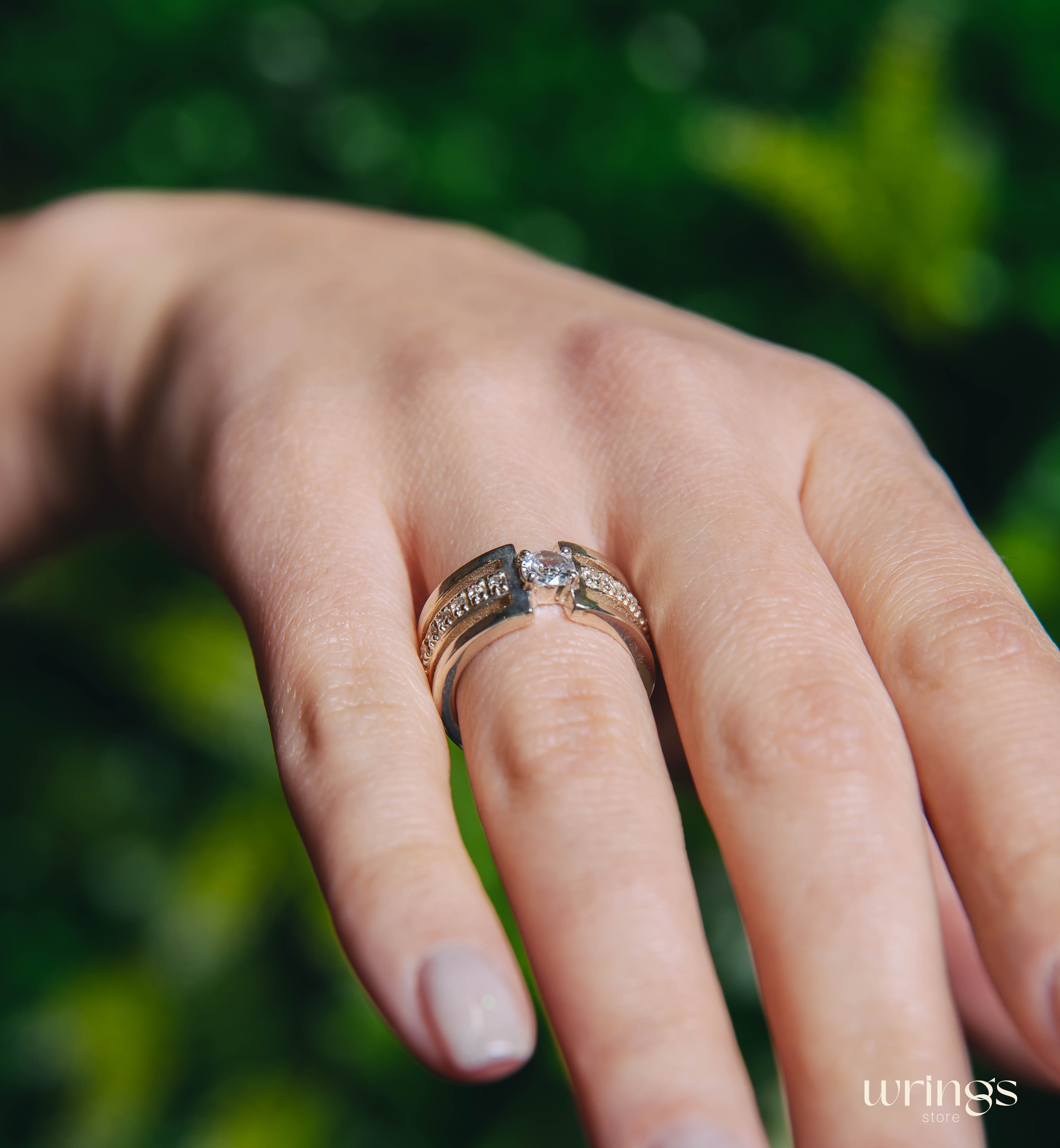 Extra Wide Silver Statement Ring CZ and Side Stones