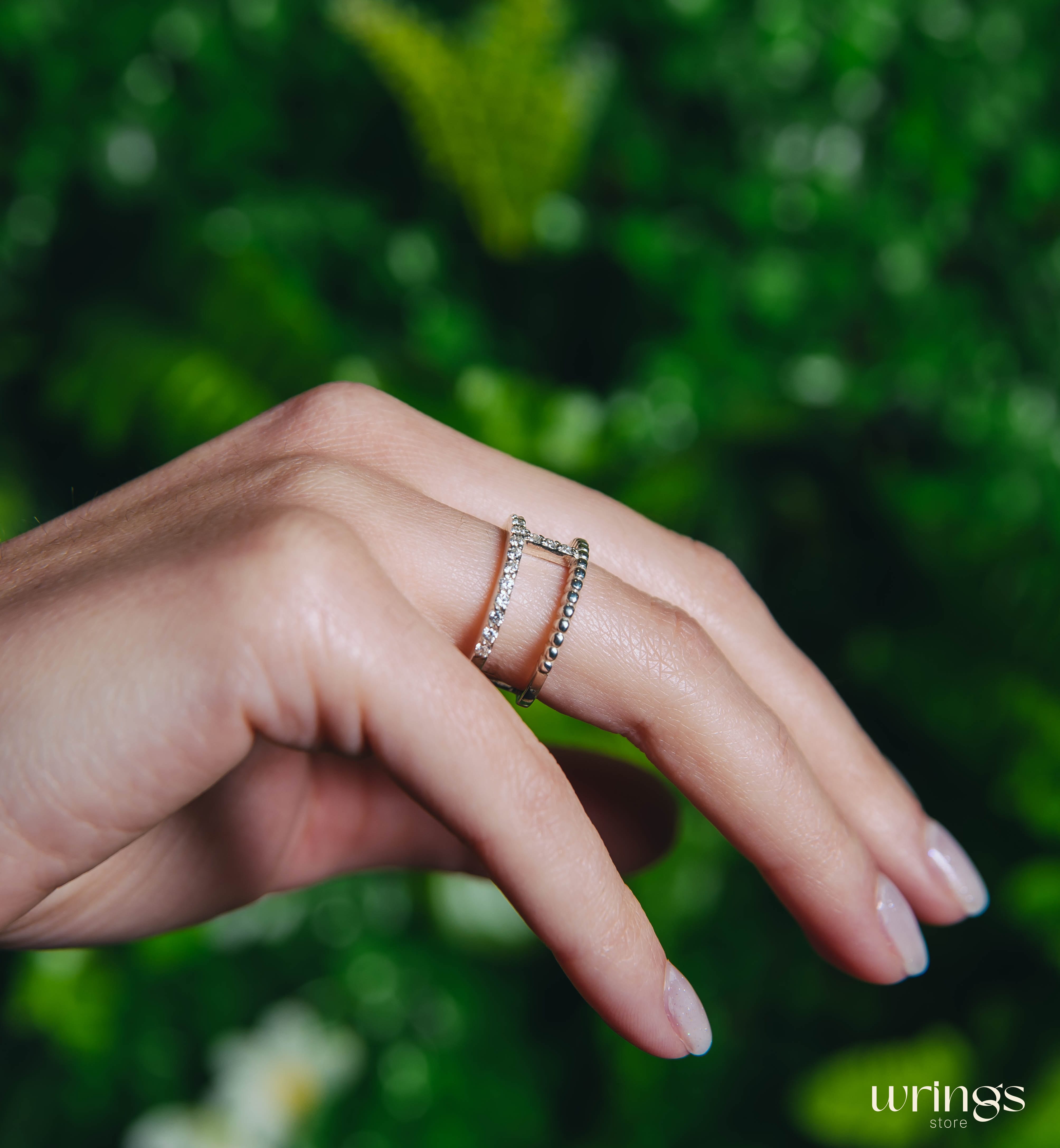 Double Band Statement Ring Diamonds and Beaded Style