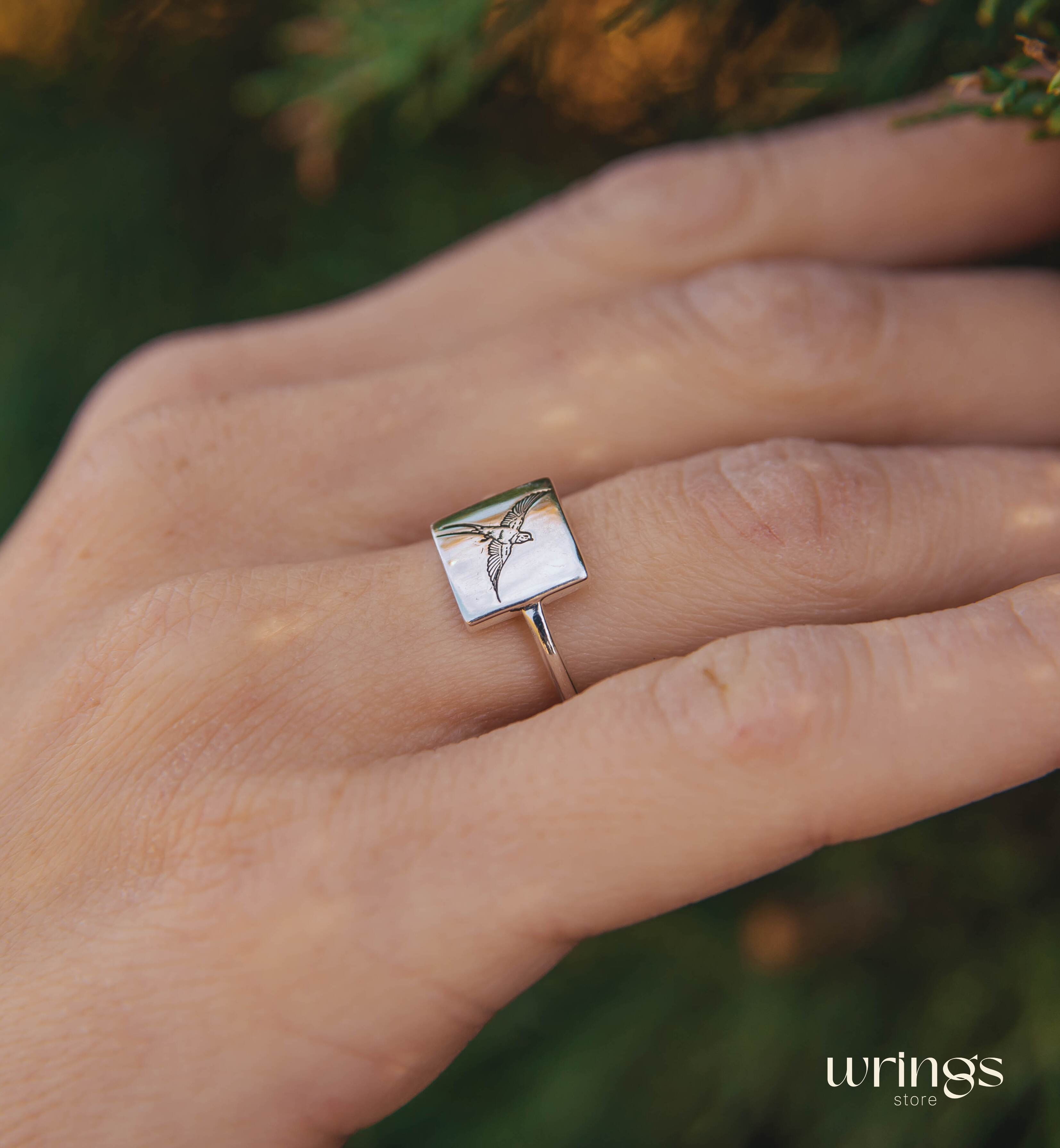 Engraved Swallow Bird Square Silver Signet Ring Womens