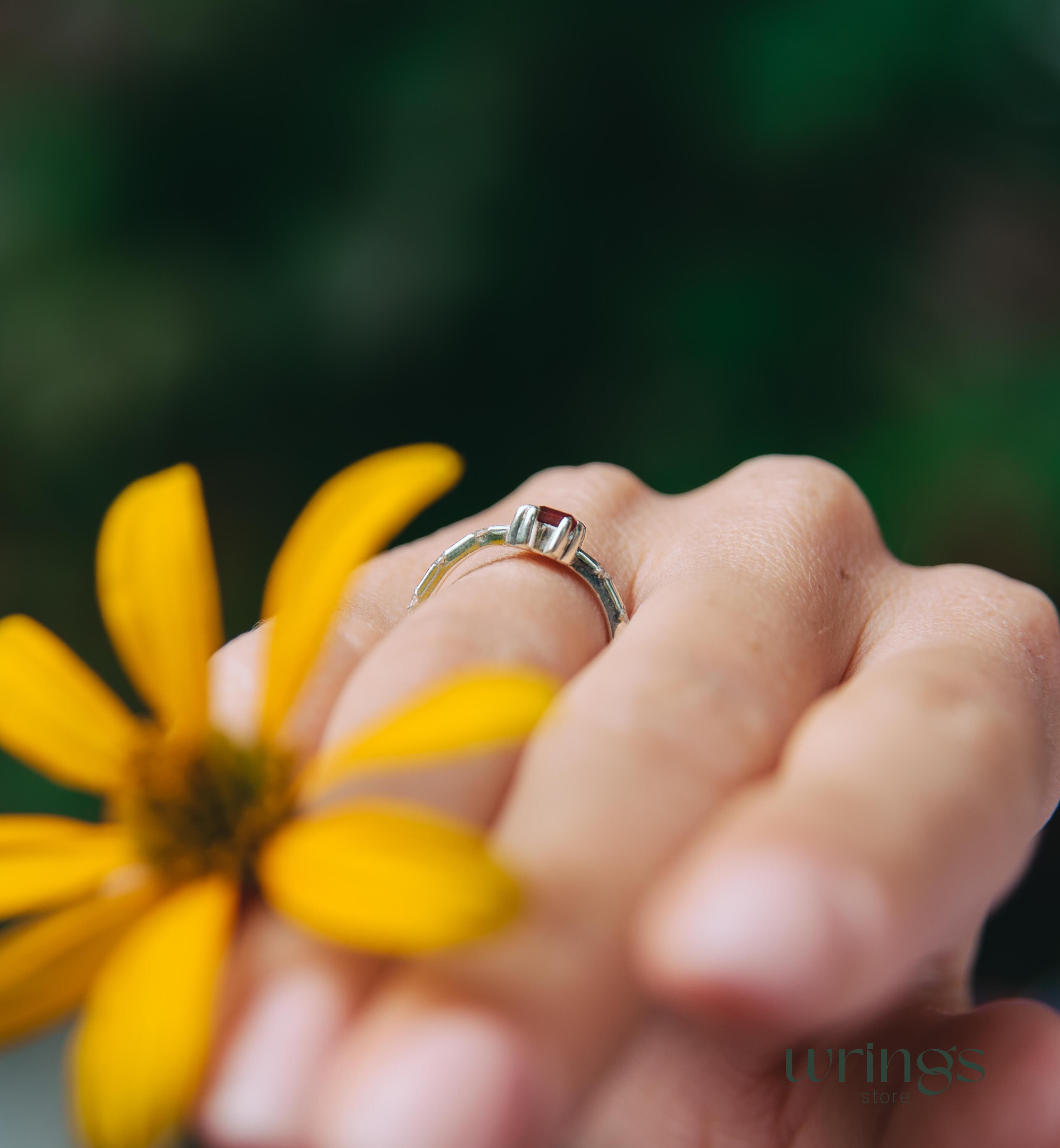 Square Central Garnet & CZ Side Stones Engagement Ring