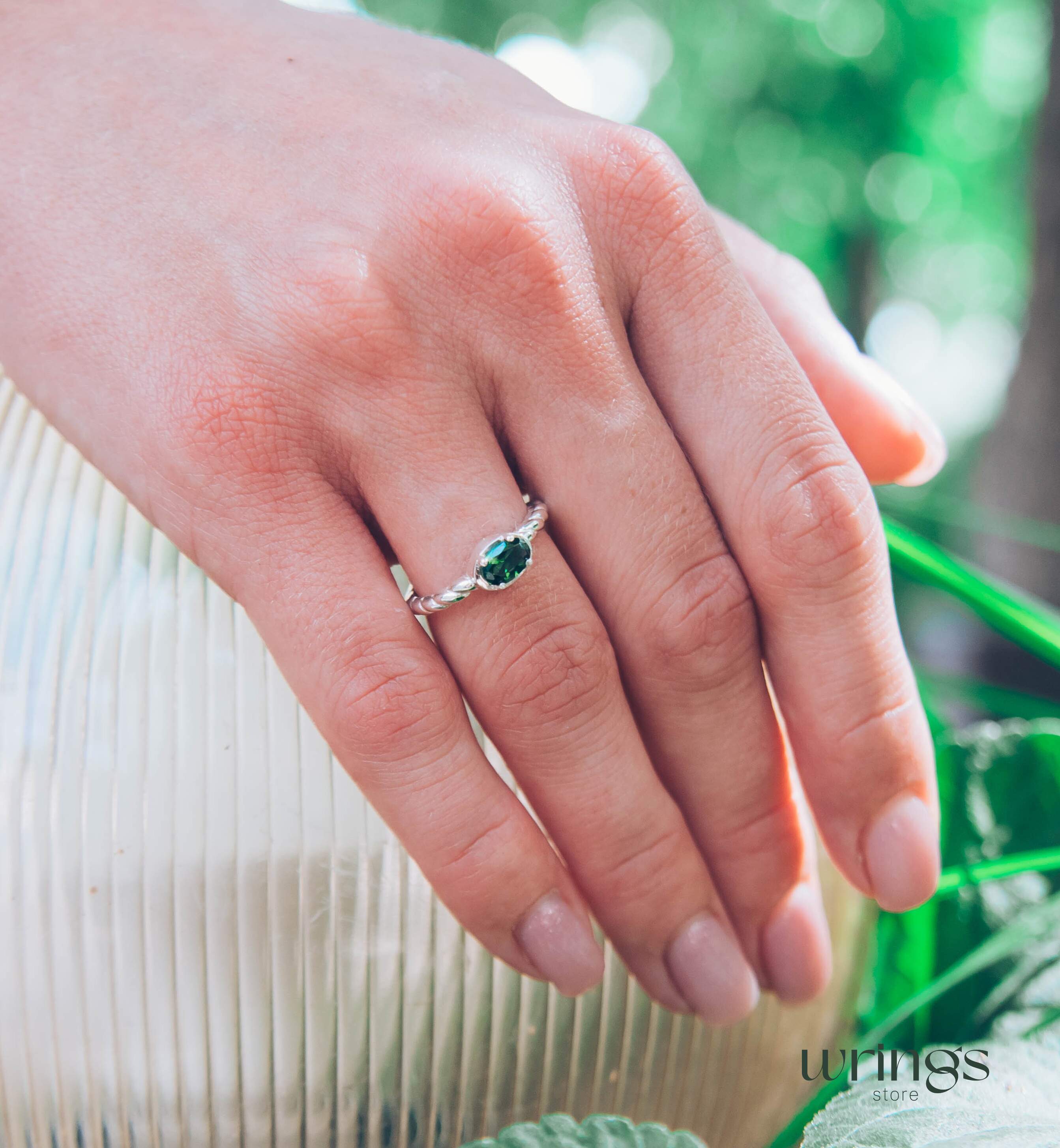 Oval Green Stone Rope Band Engagement Ring Silver