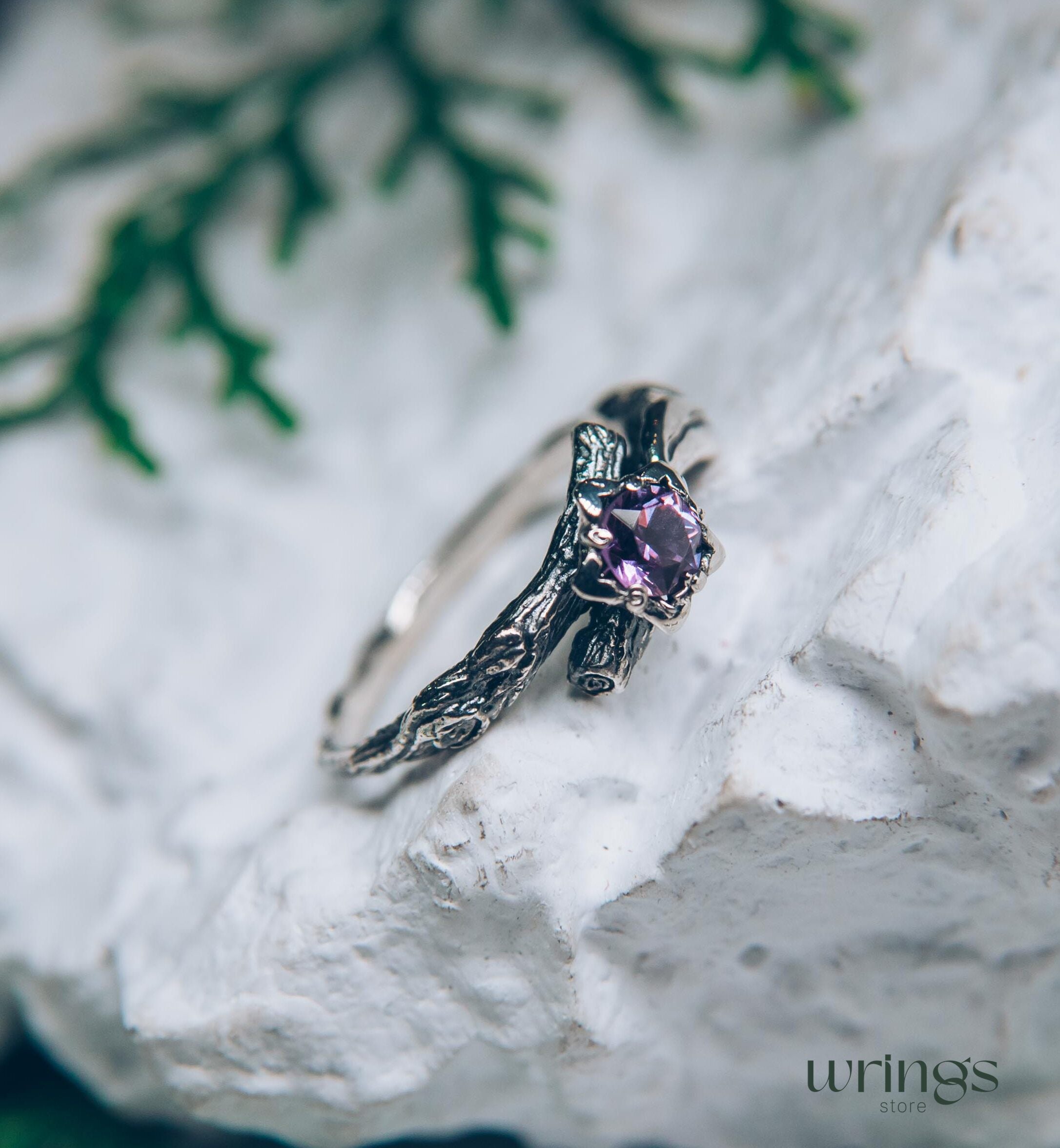 Lilac Amethyst Flower on a Silver dainty Twig Ring for Her