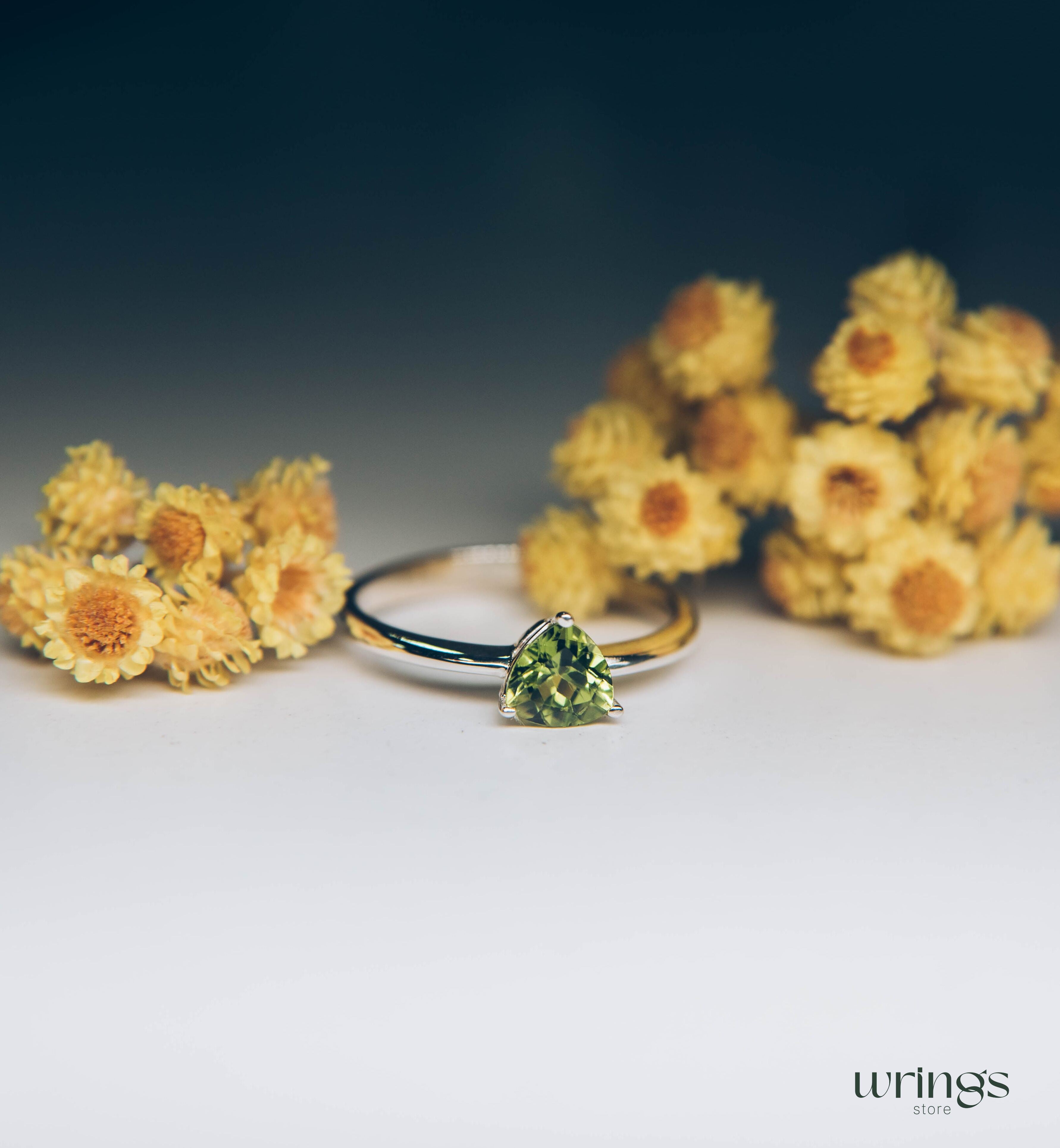 Classic Trilliant Solitaire Peridot Engagement Ring Silver