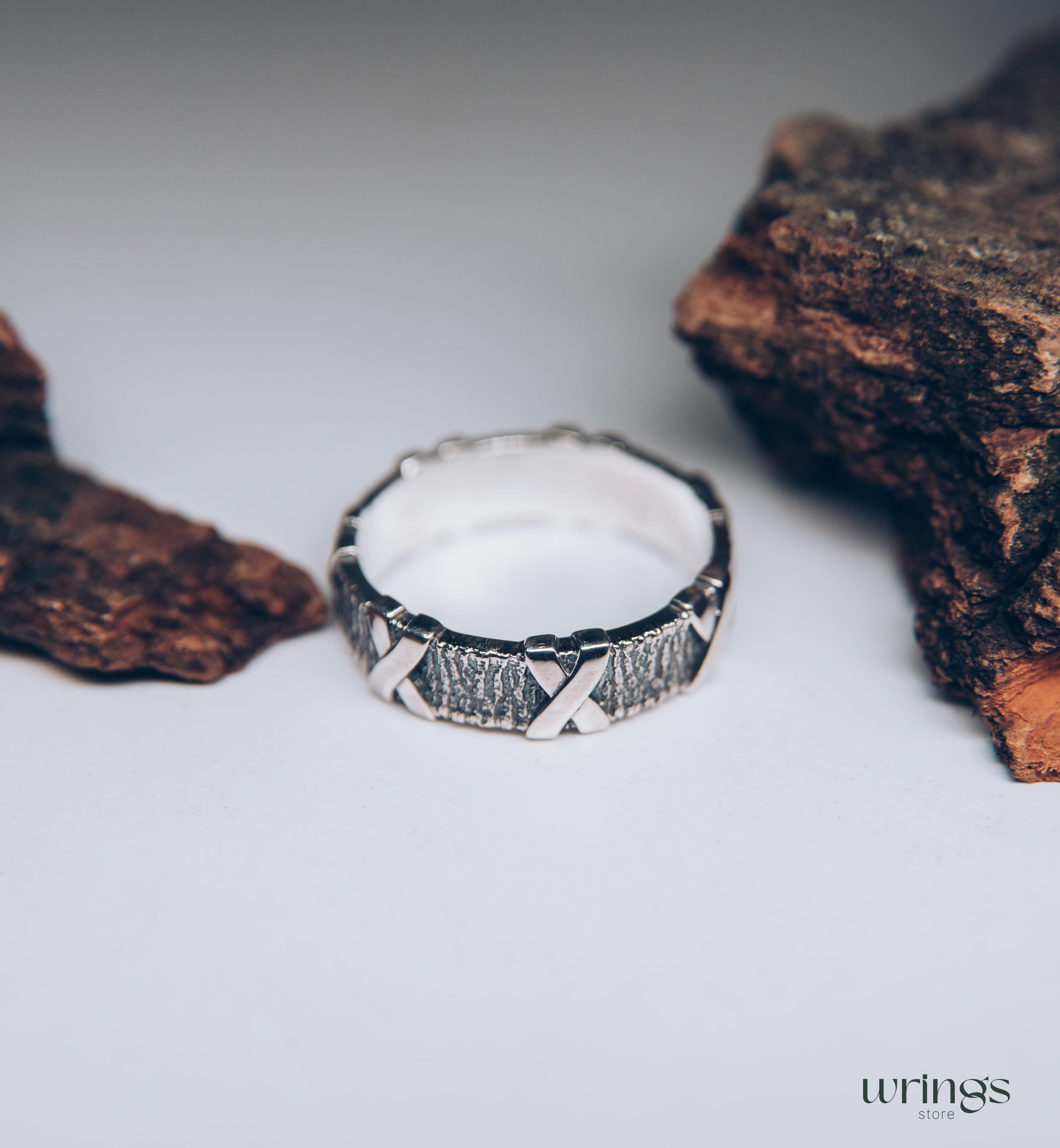 Cross and Tree bark Men's durable Ring — Wild Nature Wedding Band