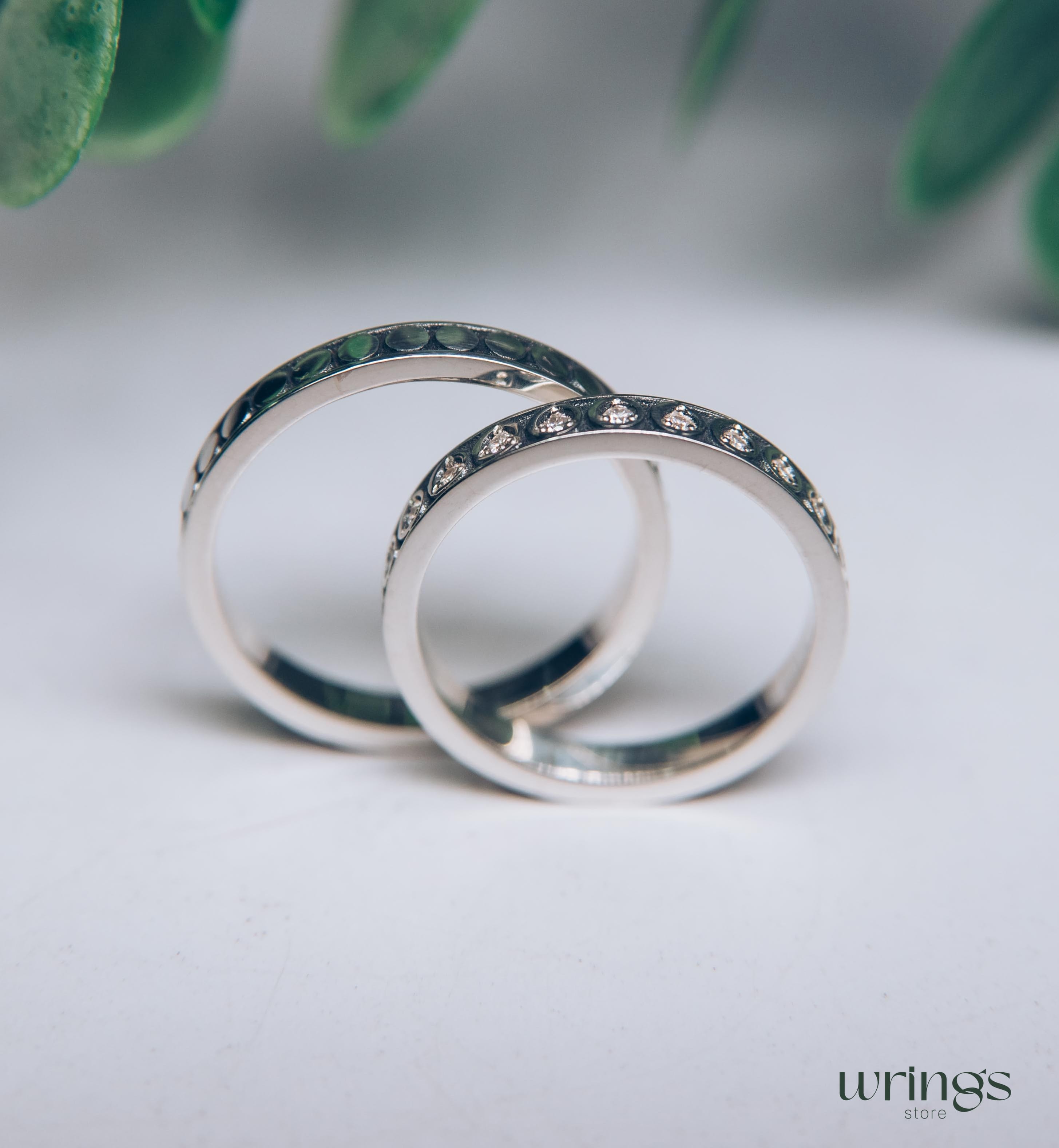 Minimalist Silver Wedding Bands Set Eternity Gemstones