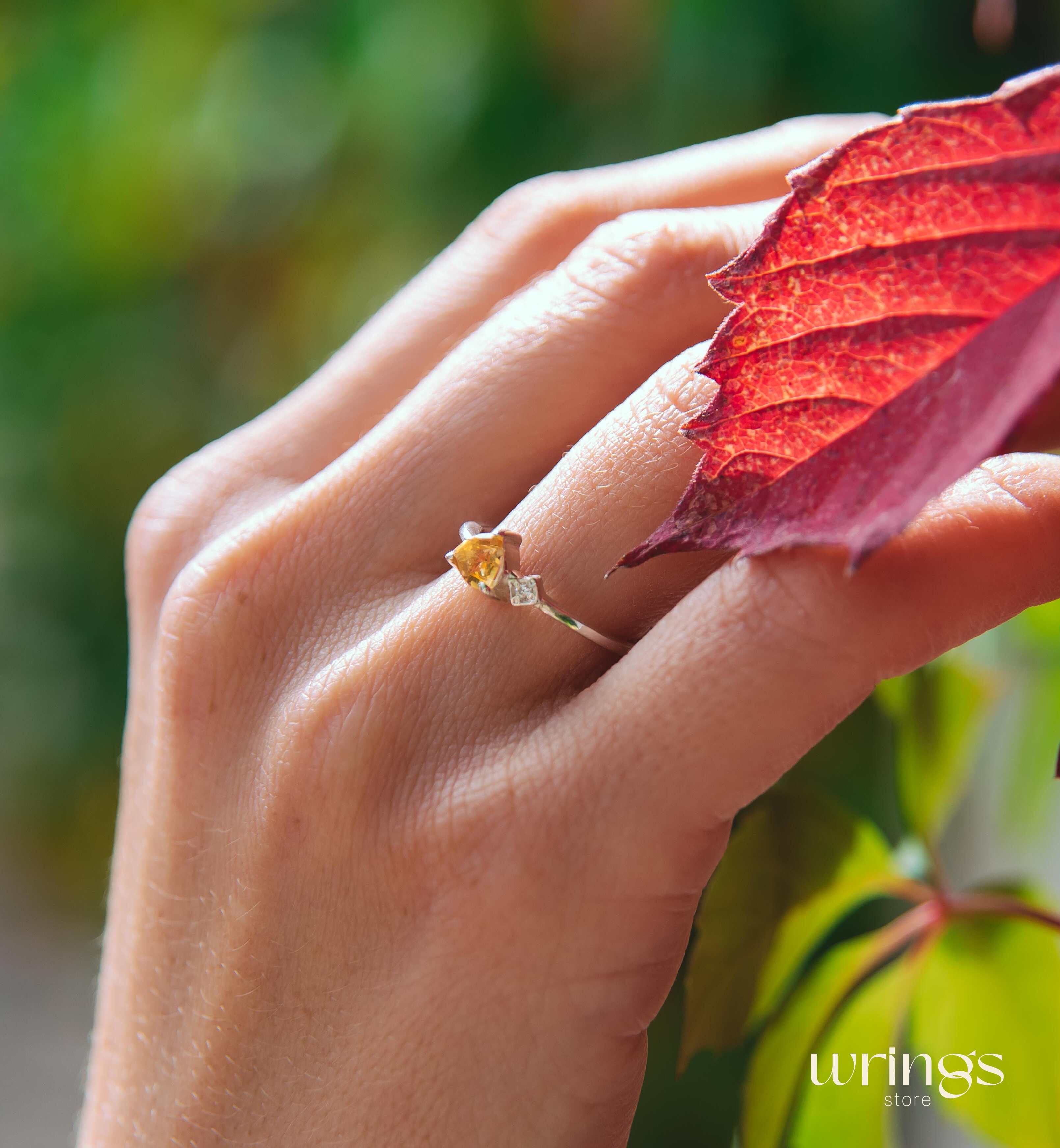 Trilliant Citrine Silver Ring & White CZ Side Stone